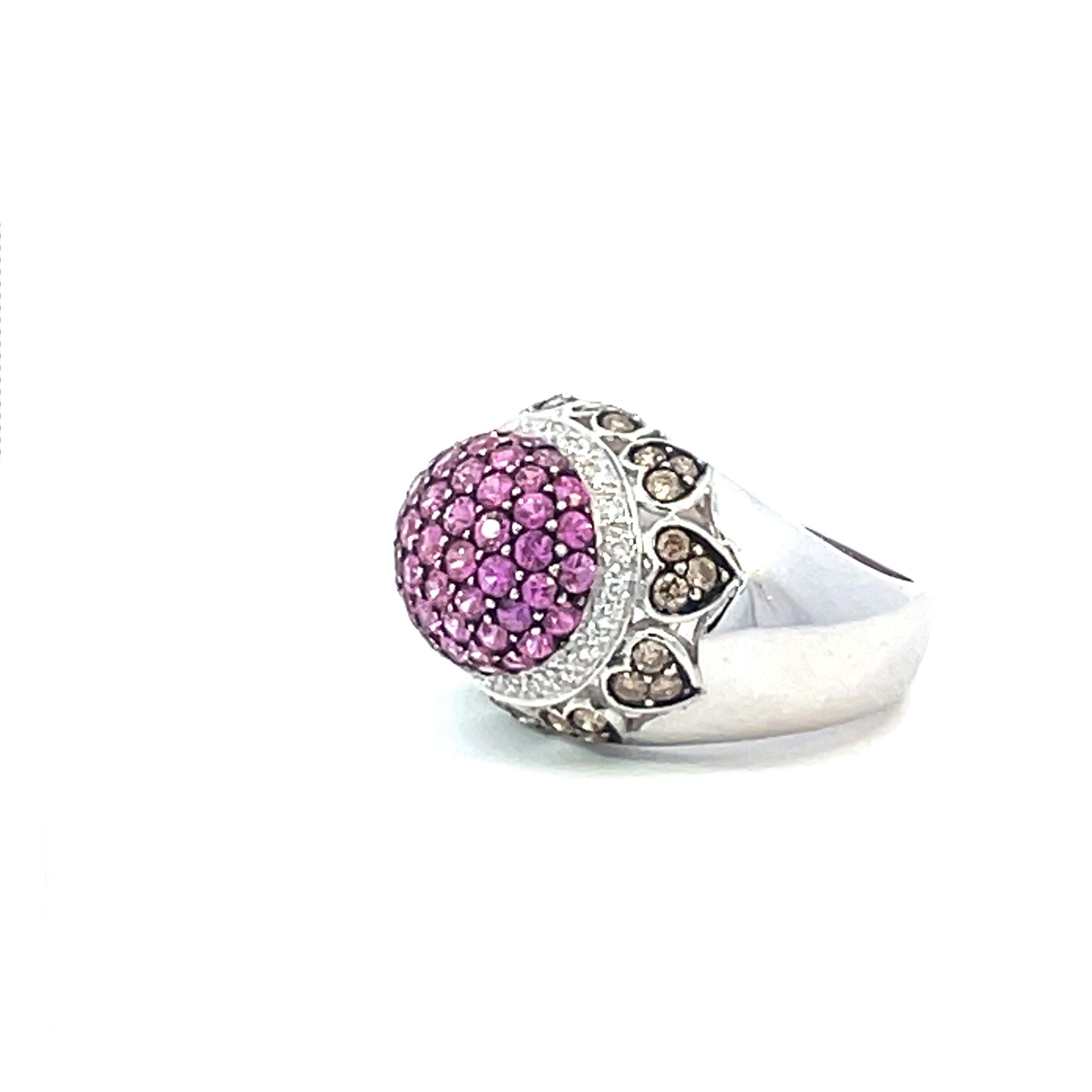 Contemporary Pavé Dome Ring with Natural Pink Sapphires and Brown Diamonds in 18kt White Gold For Sale
