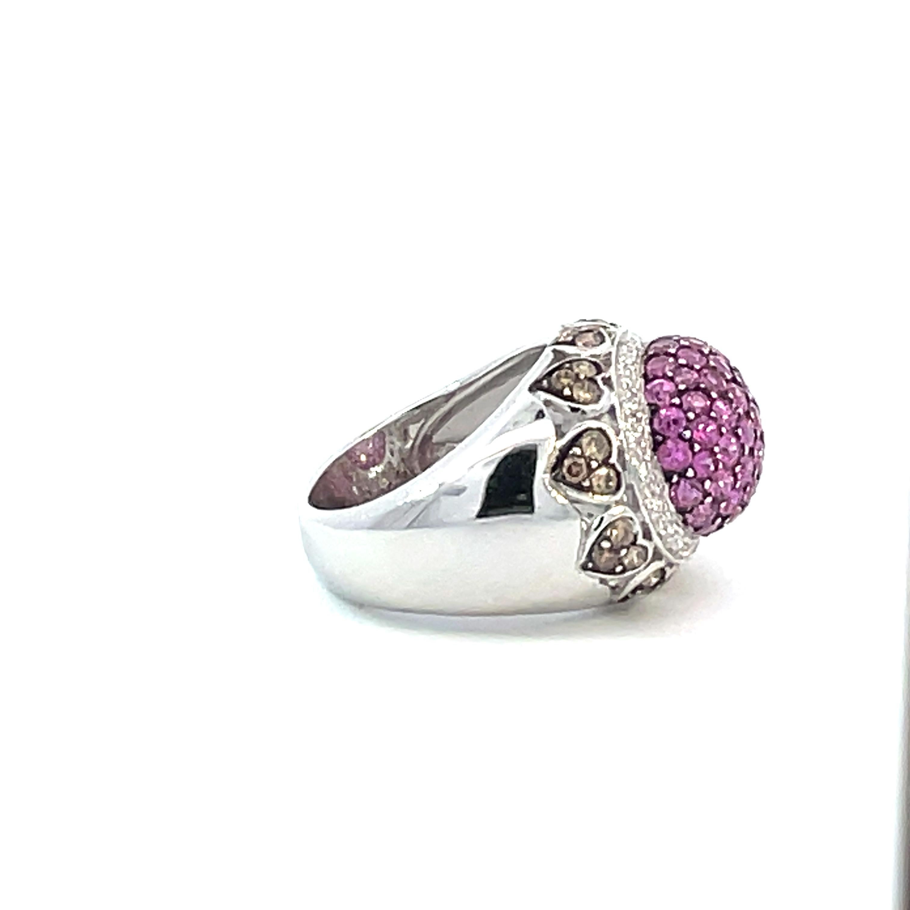 Round Cut Pavé Dome Ring with Natural Pink Sapphires and Brown Diamonds in 18kt White Gold For Sale