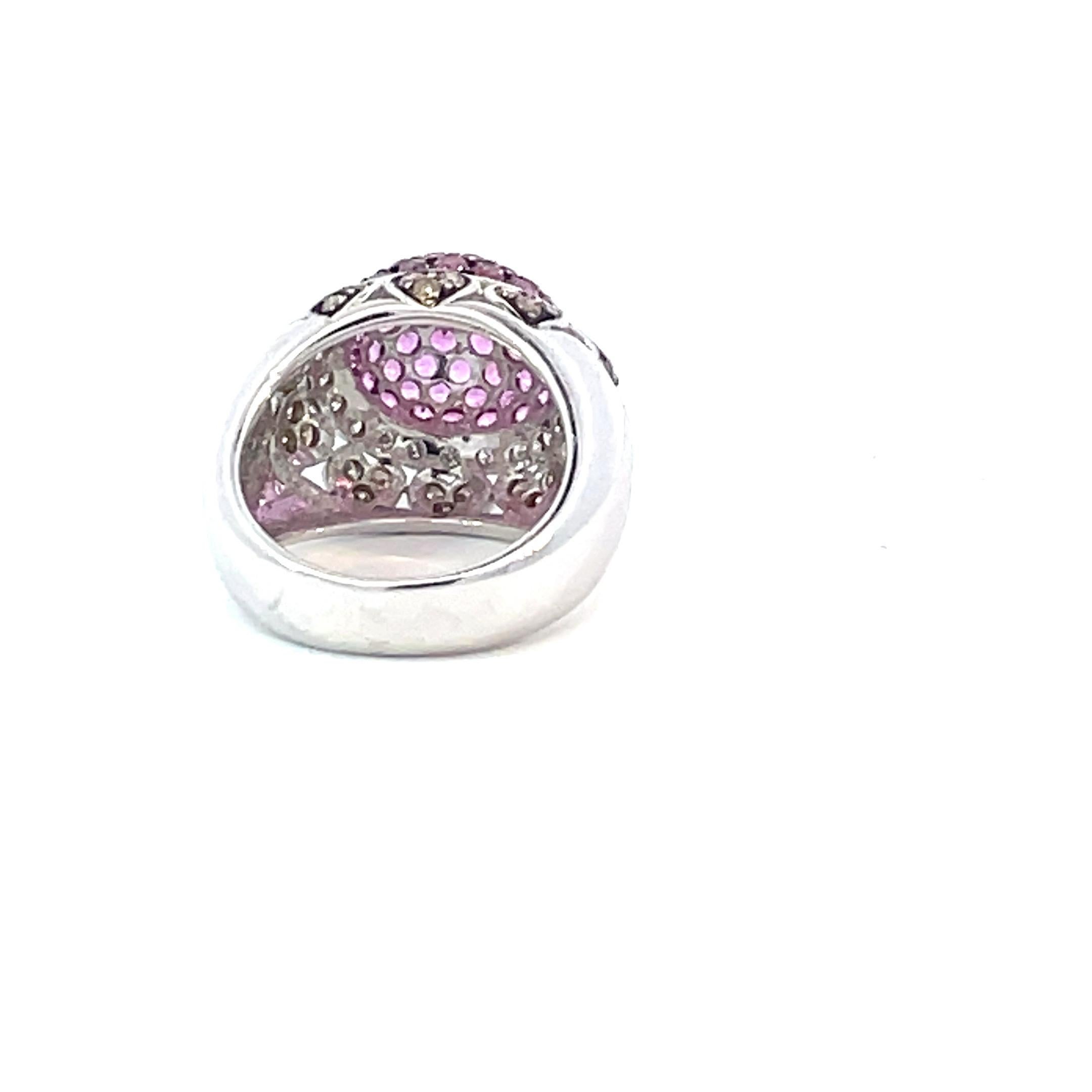 Pavé Dome Ring with Natural Pink Sapphires and Brown Diamonds in 18kt White Gold In New Condition For Sale In Westmount, CA