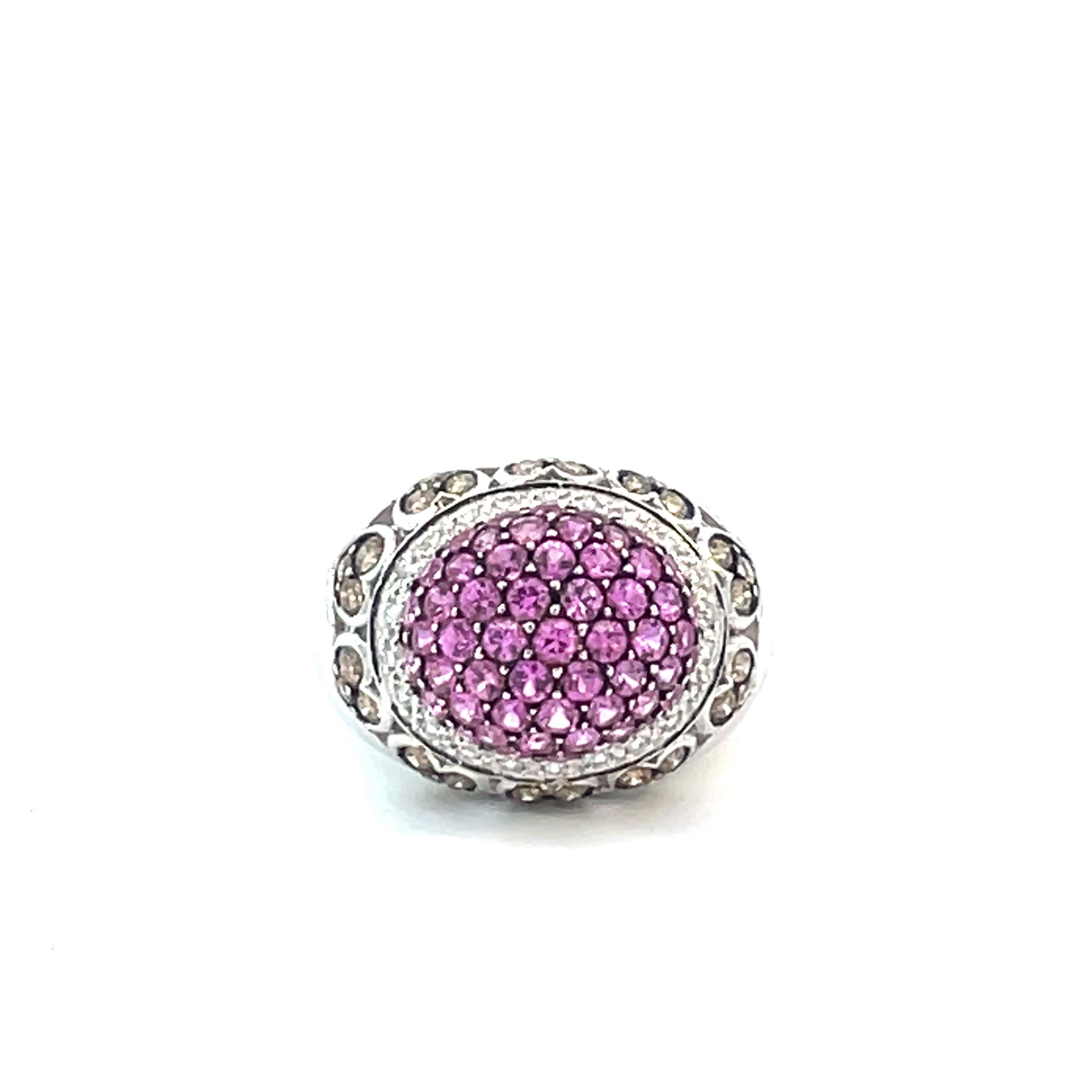 Women's Pavé Dome Ring with Natural Pink Sapphires and Brown Diamonds in 18kt White Gold For Sale