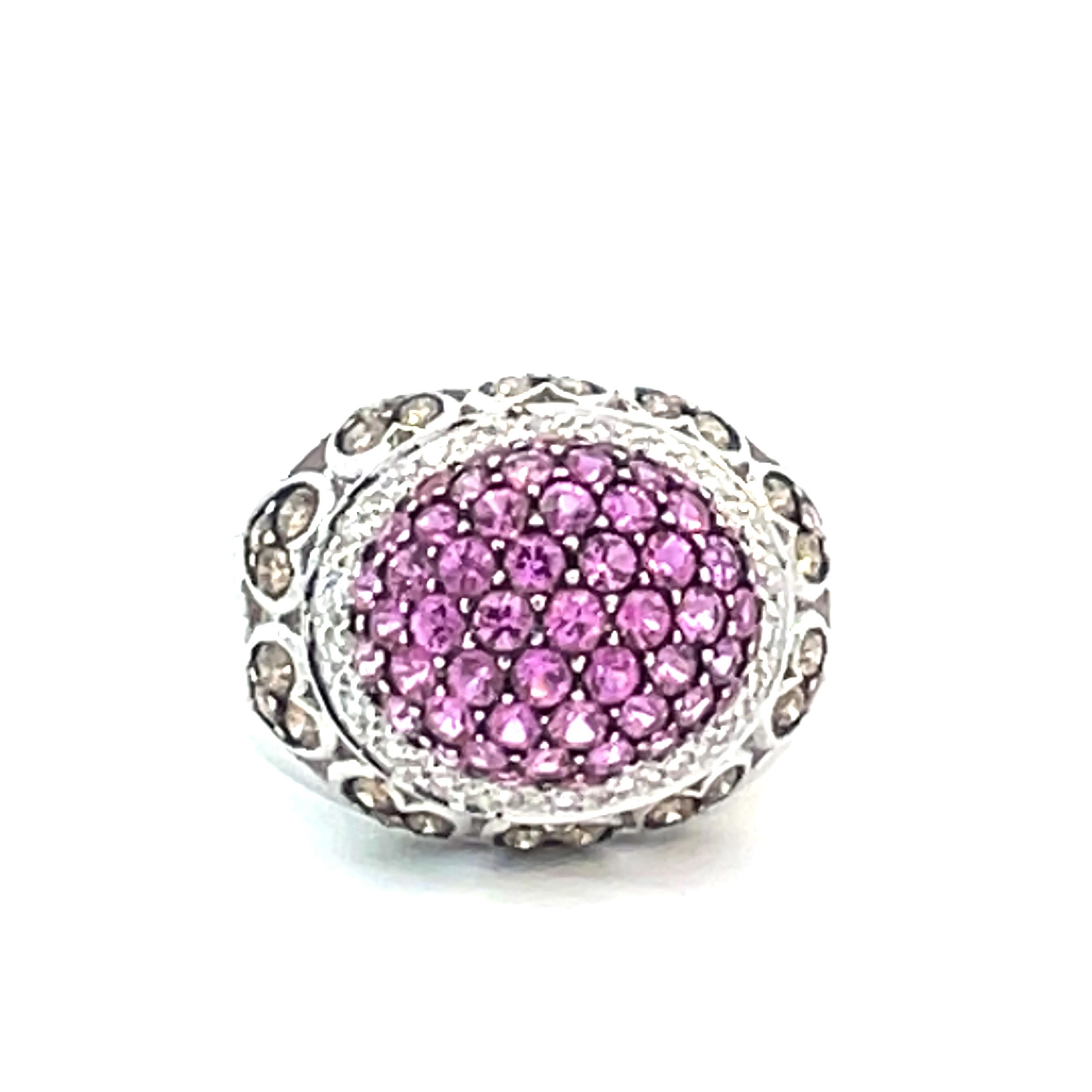 Pavé Dome Ring with Natural Pink Sapphires and Brown Diamonds in 18kt White Gold For Sale 1