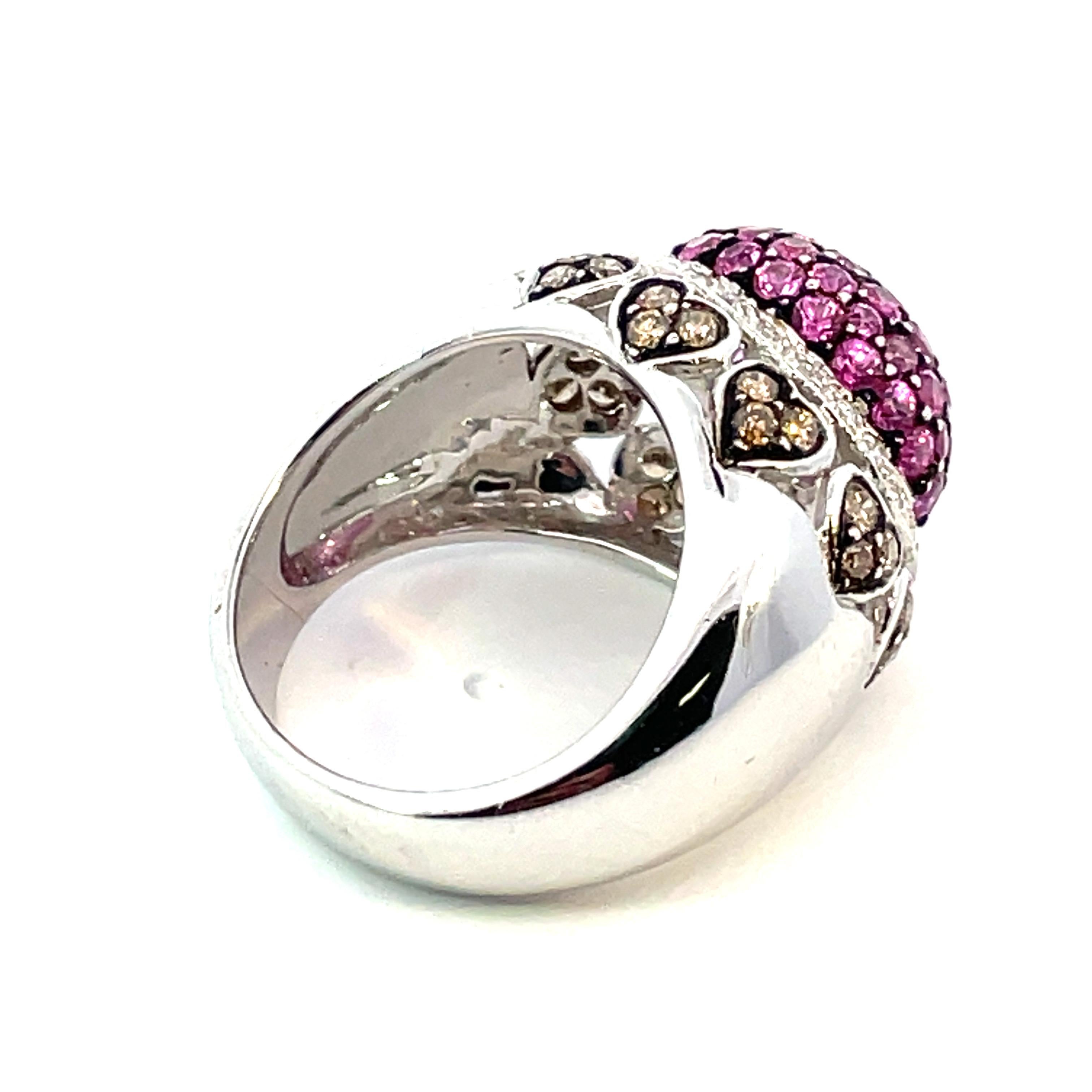 Pavé Dome Ring with Natural Pink Sapphires and Brown Diamonds in 18kt White Gold For Sale 2