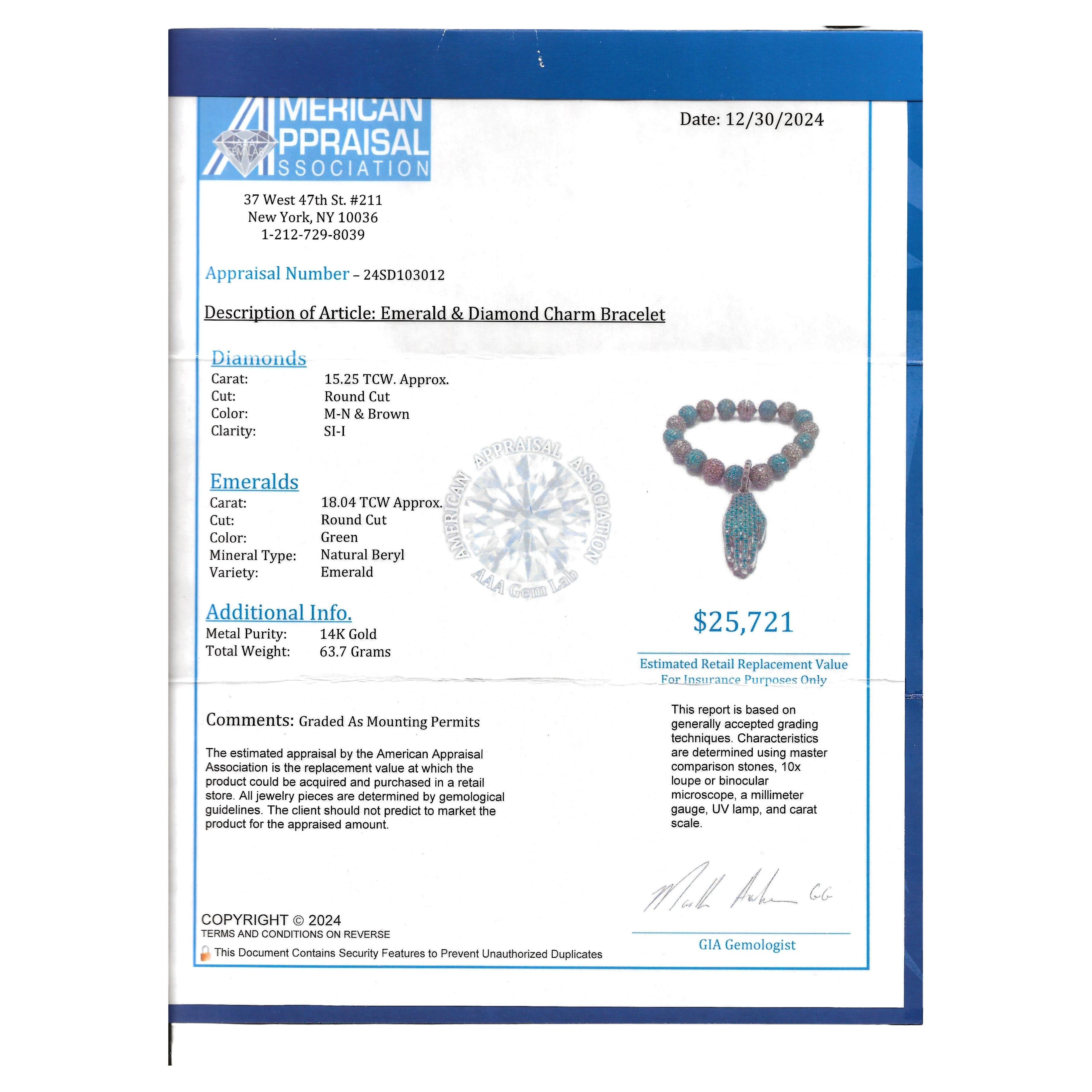 Bracciale a mano Hamsa con smeraldi e diamanti Pavé e perline in oro 14 carati in vendita 7