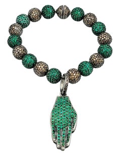 Pavé Emerald and Diamond Chunky Beaded Hamsa Hand Bracelet in 14 Karat Gold