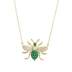 Pave Emerald & Diamonds Bee Pendant Necklace Made In 14k Yellow Gold