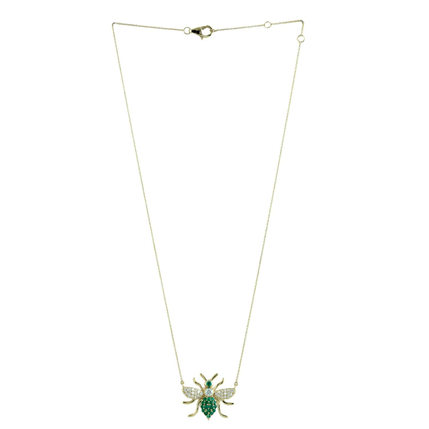 Pave Esmeralda y Diamantes Collar Colgante Abeja De Oro Amarillo 14k Art Decó en venta