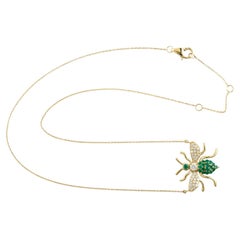 Pave Emerald & Diamonds Bee Pendant Necklace Made In 14k Yellow Gold