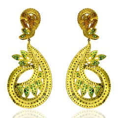 Pave Emerald & Diamonds Dangle Earrings In 14k Yellow Gold