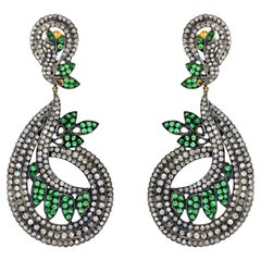 Pave Emerald & Diamonds Dangle Earrings In 14k Yellow Gold