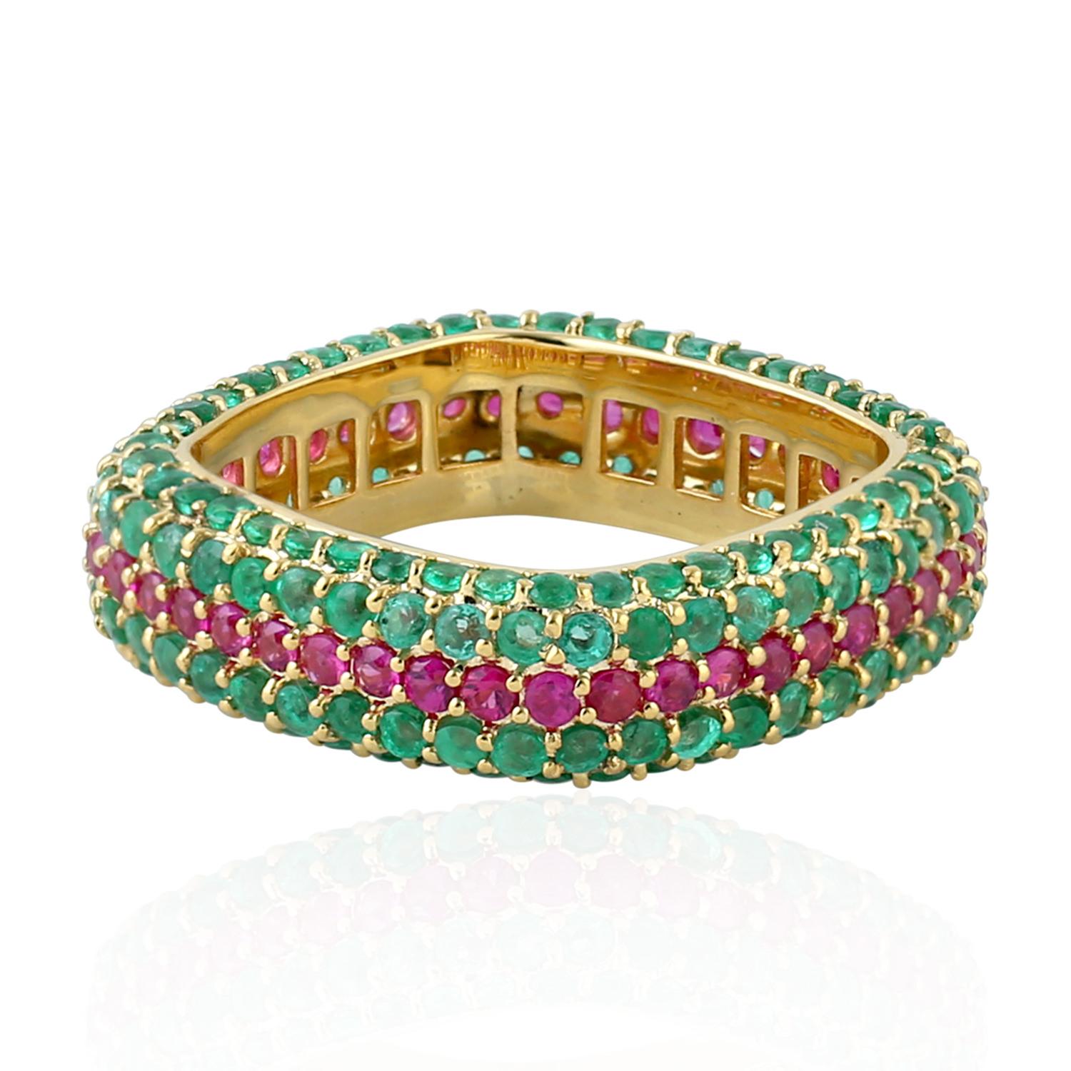 Mixed Cut Pave Emerald & Ruby Band Ring Made In 18k Yellow Gold For Sale