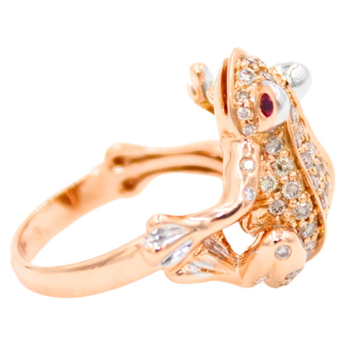 Modern Pave Fancy Champagne White Diamond Ruby Frog Cocktail Animal Fun Rose Gold Ring For Sale