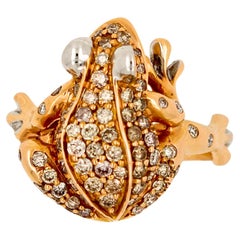Pave Fancy Champagne White Diamond Ruby Frog Cocktail Animal Fun Rose Gold Ring