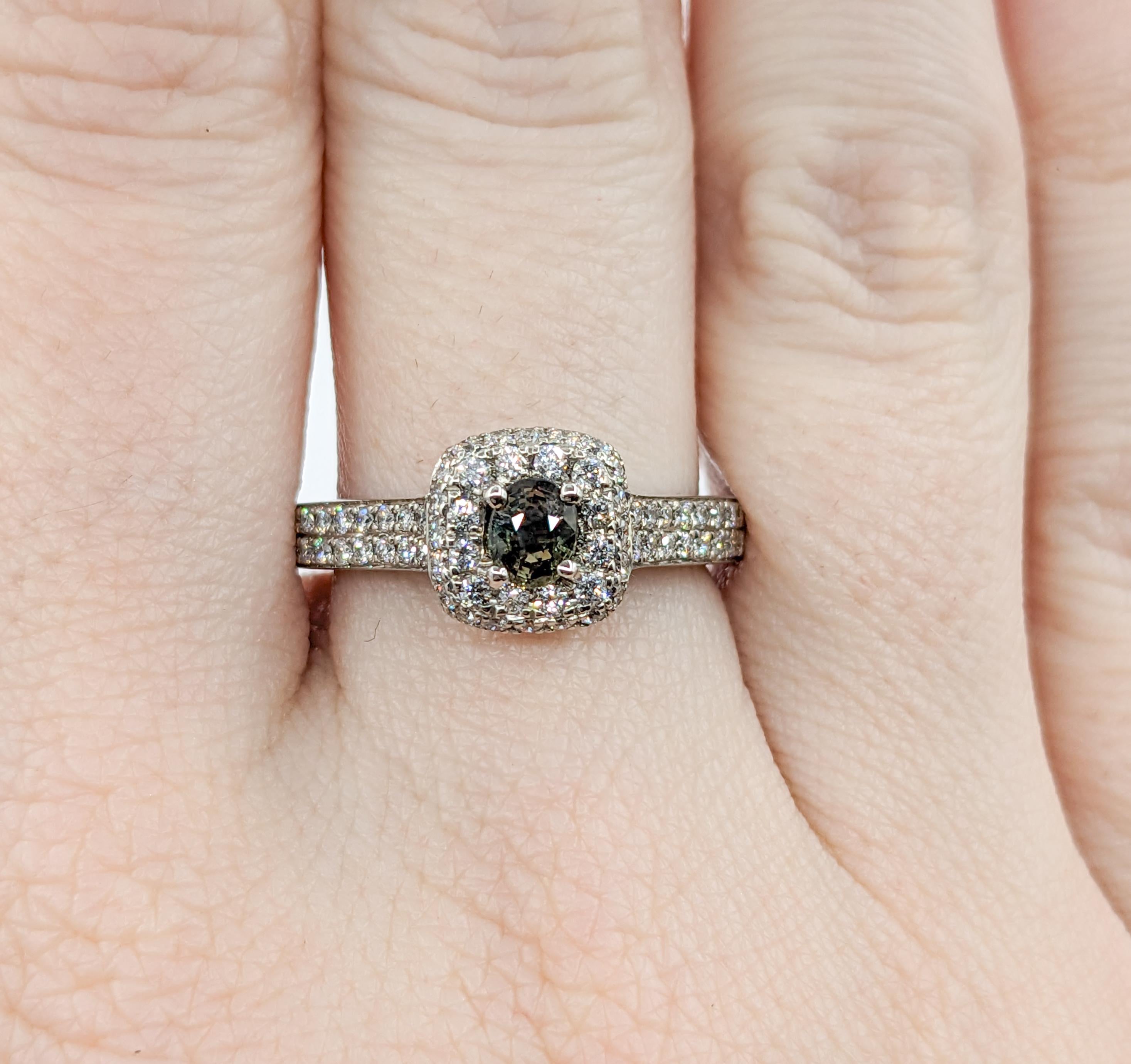 Oval Cut Pave Halo Diamond & Natural Alexandrite Engagement Ring in White Gold  For Sale