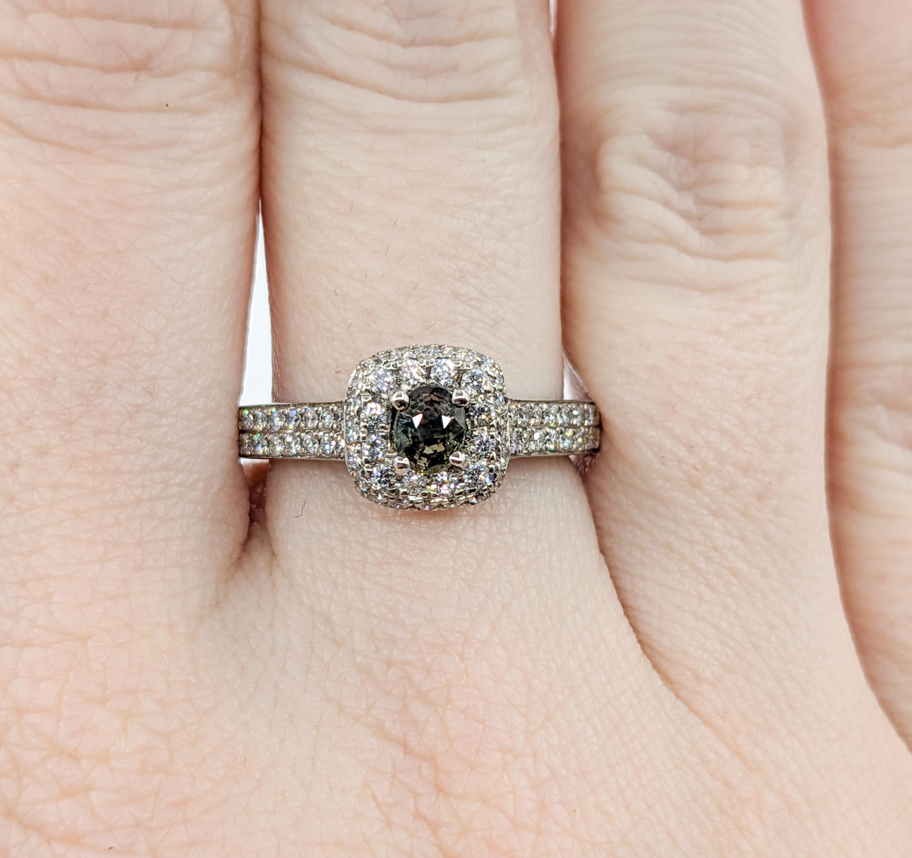 Oval Cut Pave Halo Diamond & Natural Alexandrite Engagement Ring in White Gold For Sale