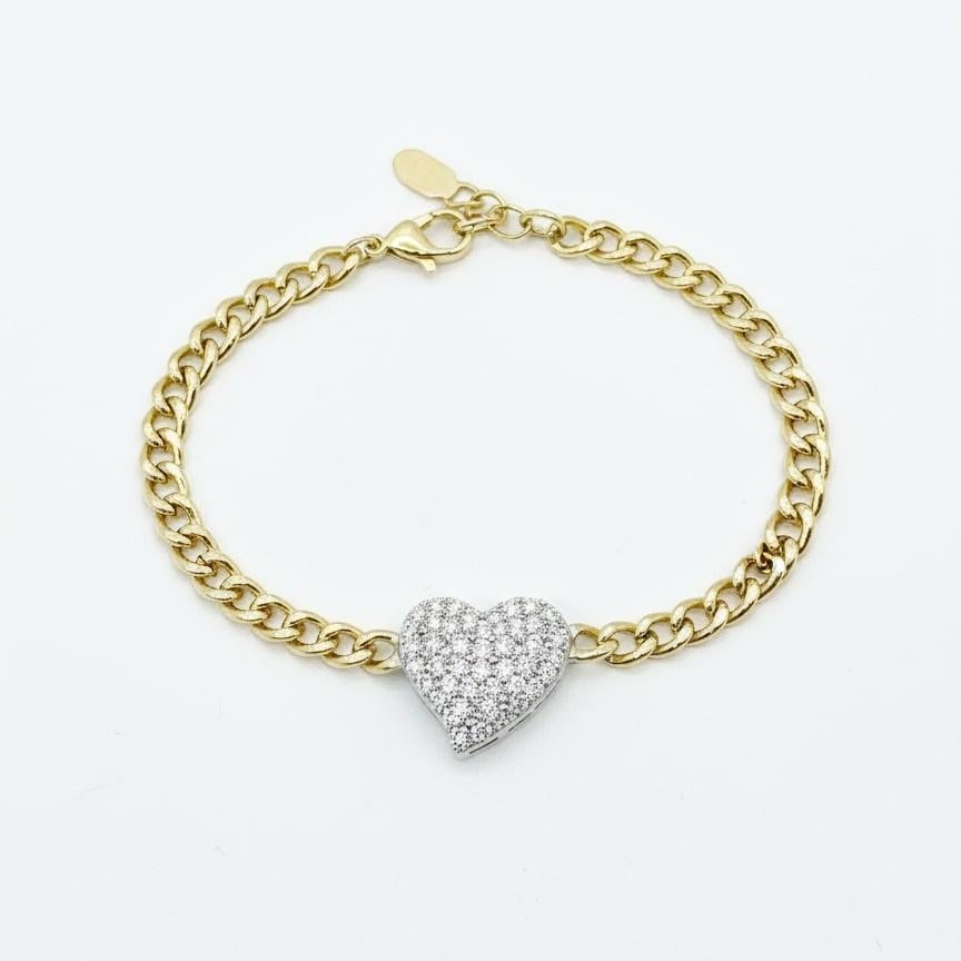 Taille coussin Bracelet en or jaune 14K (ou 18k sur demande) à maillons et diamants avec cœur en pavé en vente