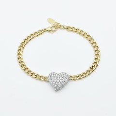 Bracelet en or jaune 14K avec cœur en pavé Chaîne à maillons cubains avec diamants
