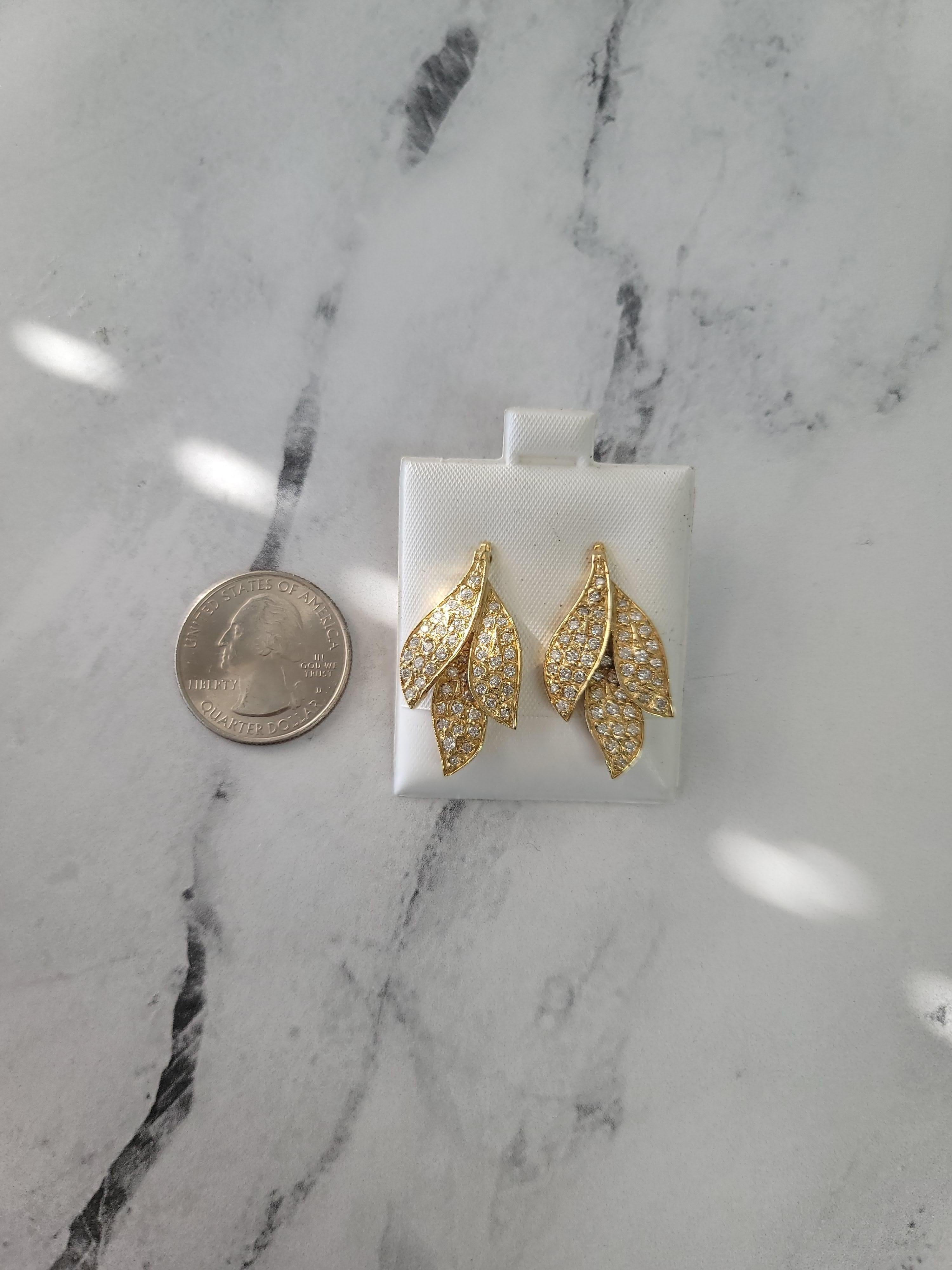 Round Cut Pave Leaf Shaped Diamond Earrings 1.00cttw 14k Yellow Gold For Sale