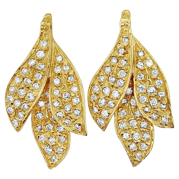 Pave Leaf Shaped Diamond Earrings 1.00cttw 14k Yellow Gold For Sale