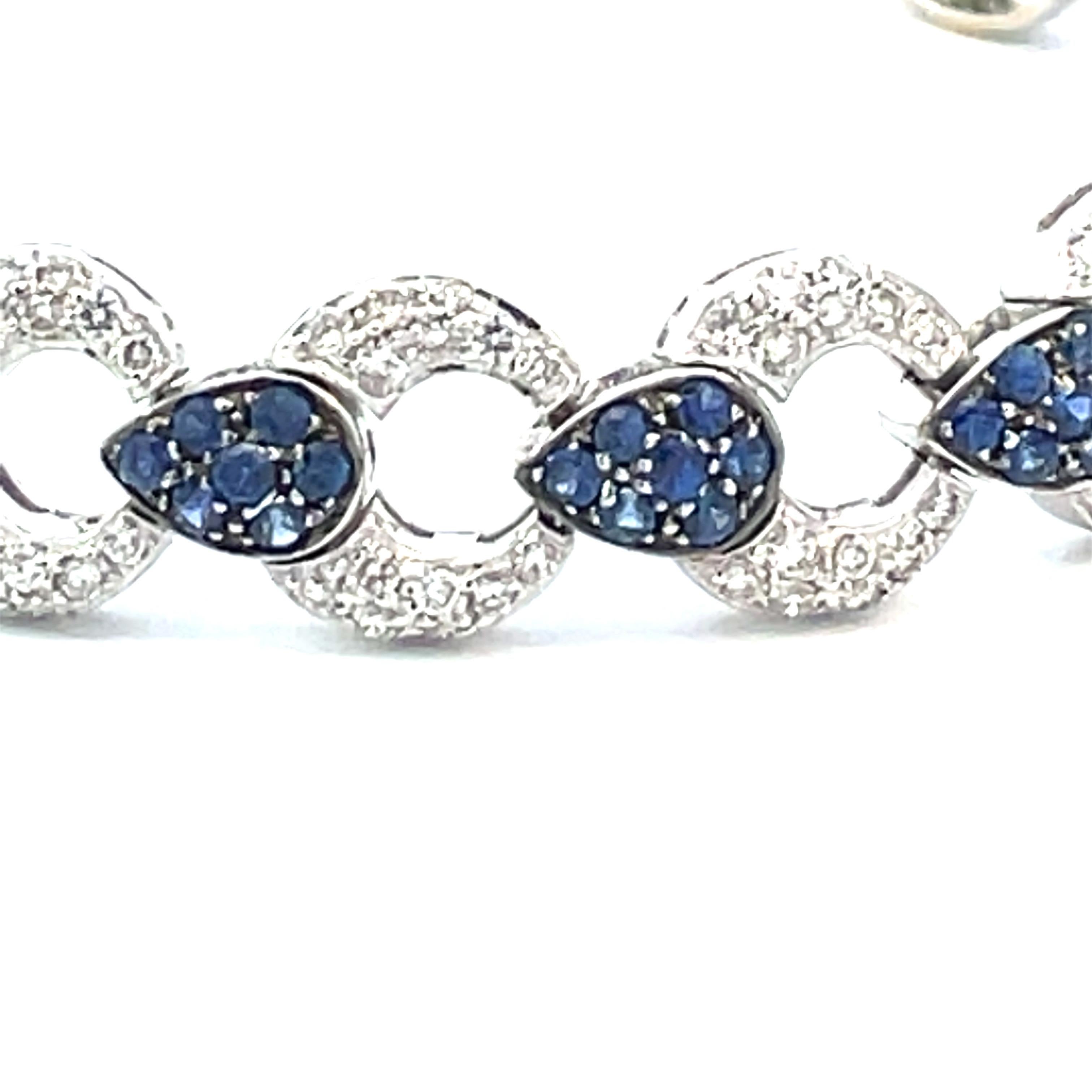 Contemporary Pave Link Bracelet With Natural Blue Sapphires & Diamonds in 18 Karat White Gold For Sale