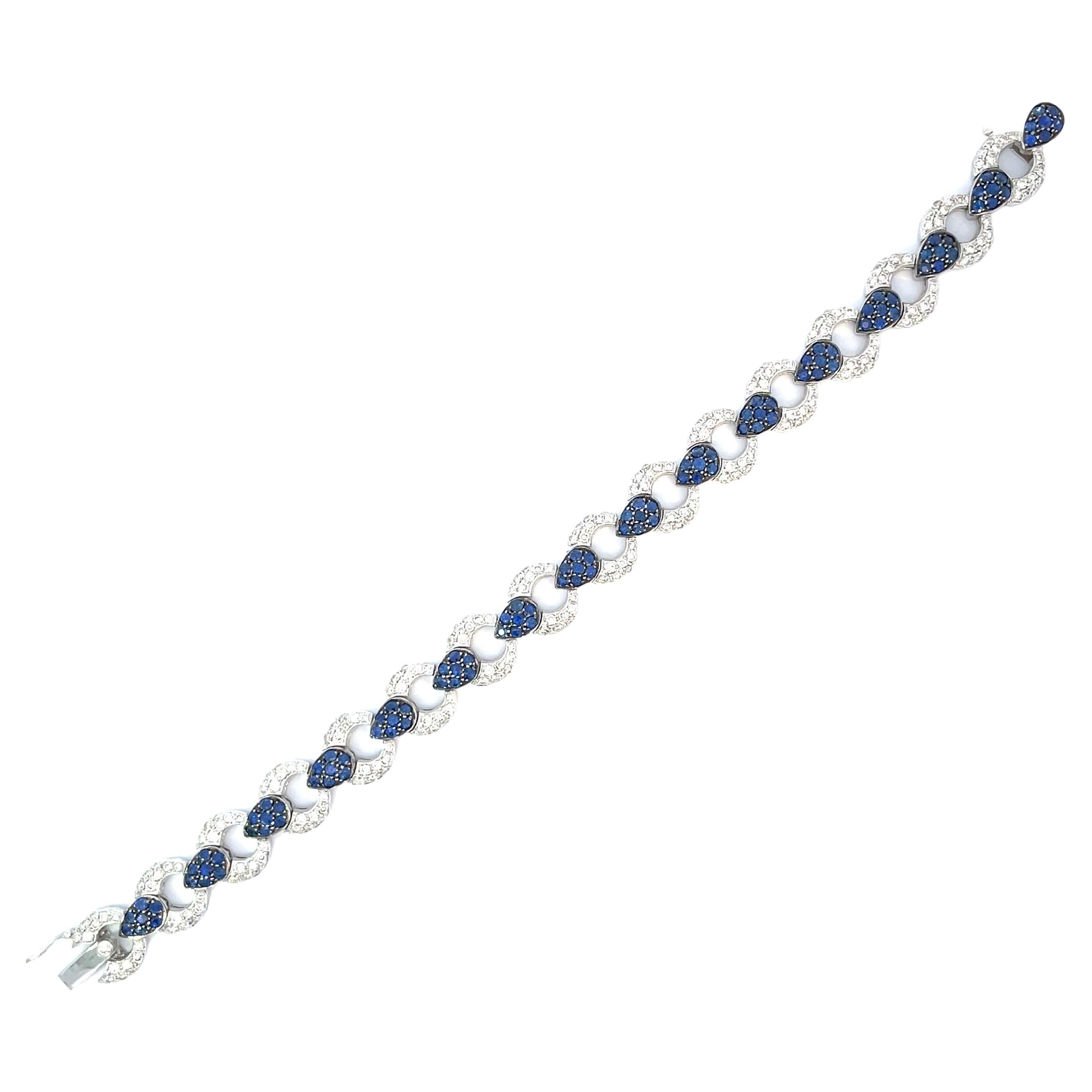 Pave Link Bracelet With Natural Blue Sapphires & Diamonds in 18 Karat White Gold For Sale