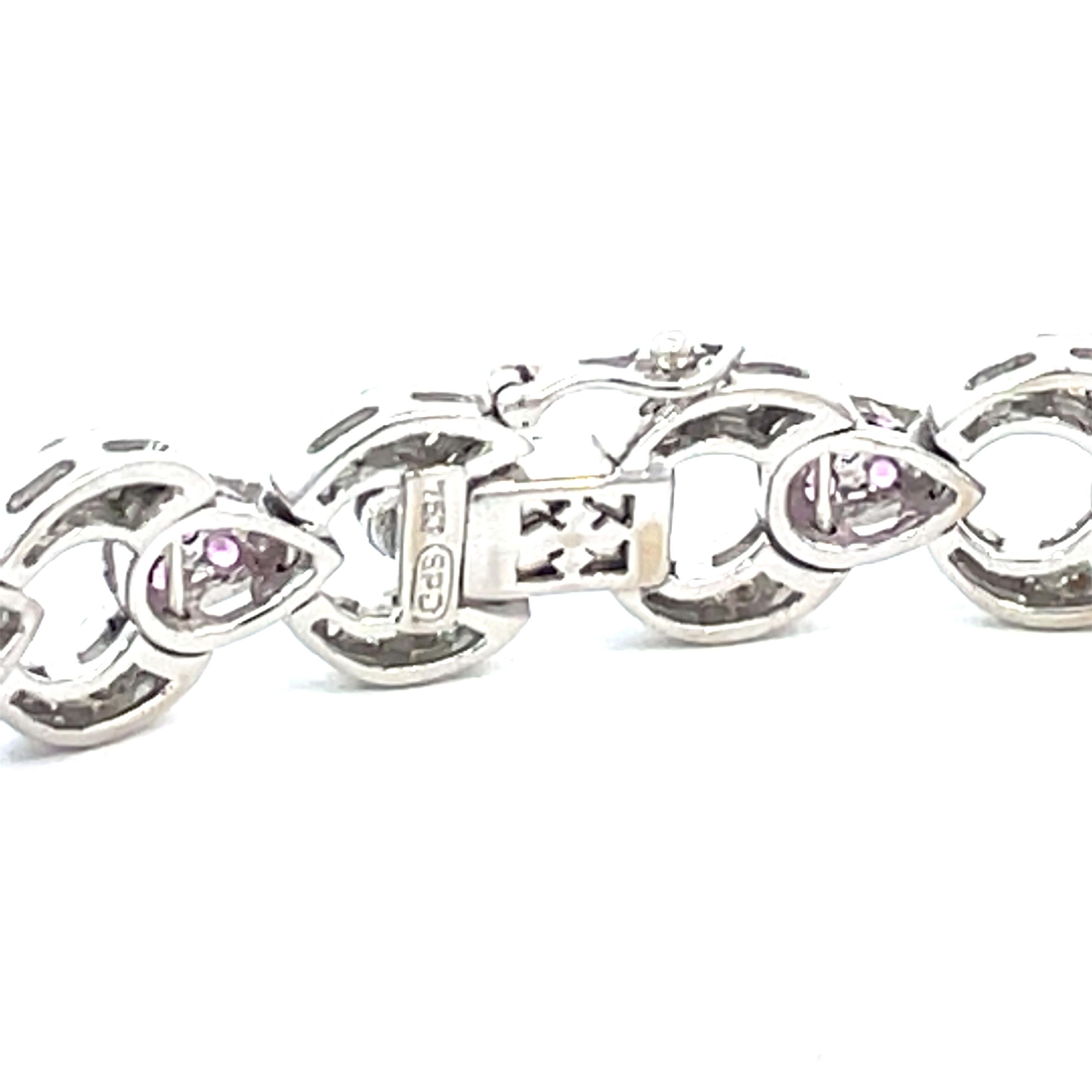 Contemporary Pave Link Bracelet With Natural Pink Sapphires & Diamonds in 18 Karat White Gold For Sale