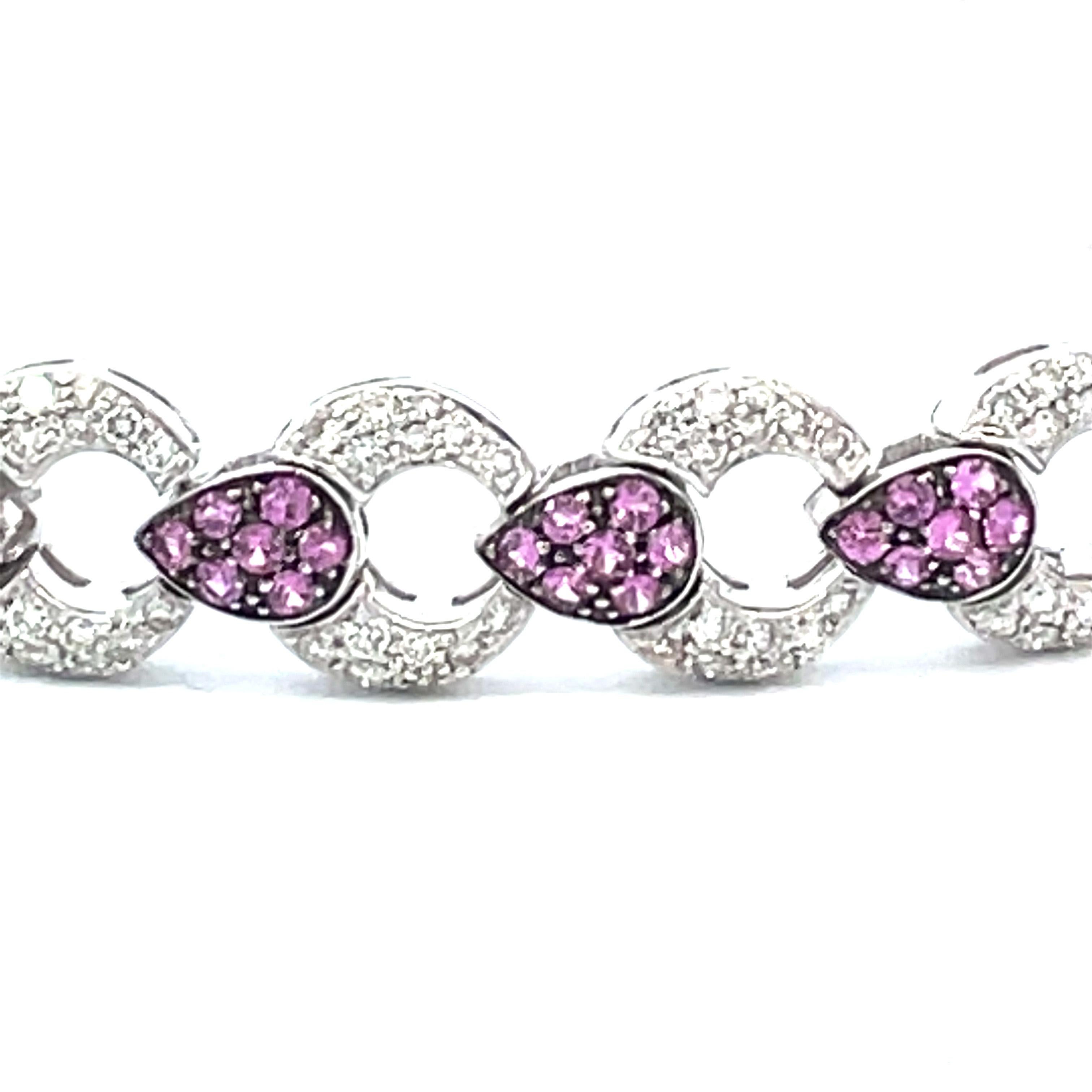 Round Cut Pave Link Bracelet With Natural Pink Sapphires & Diamonds in 18 Karat White Gold For Sale