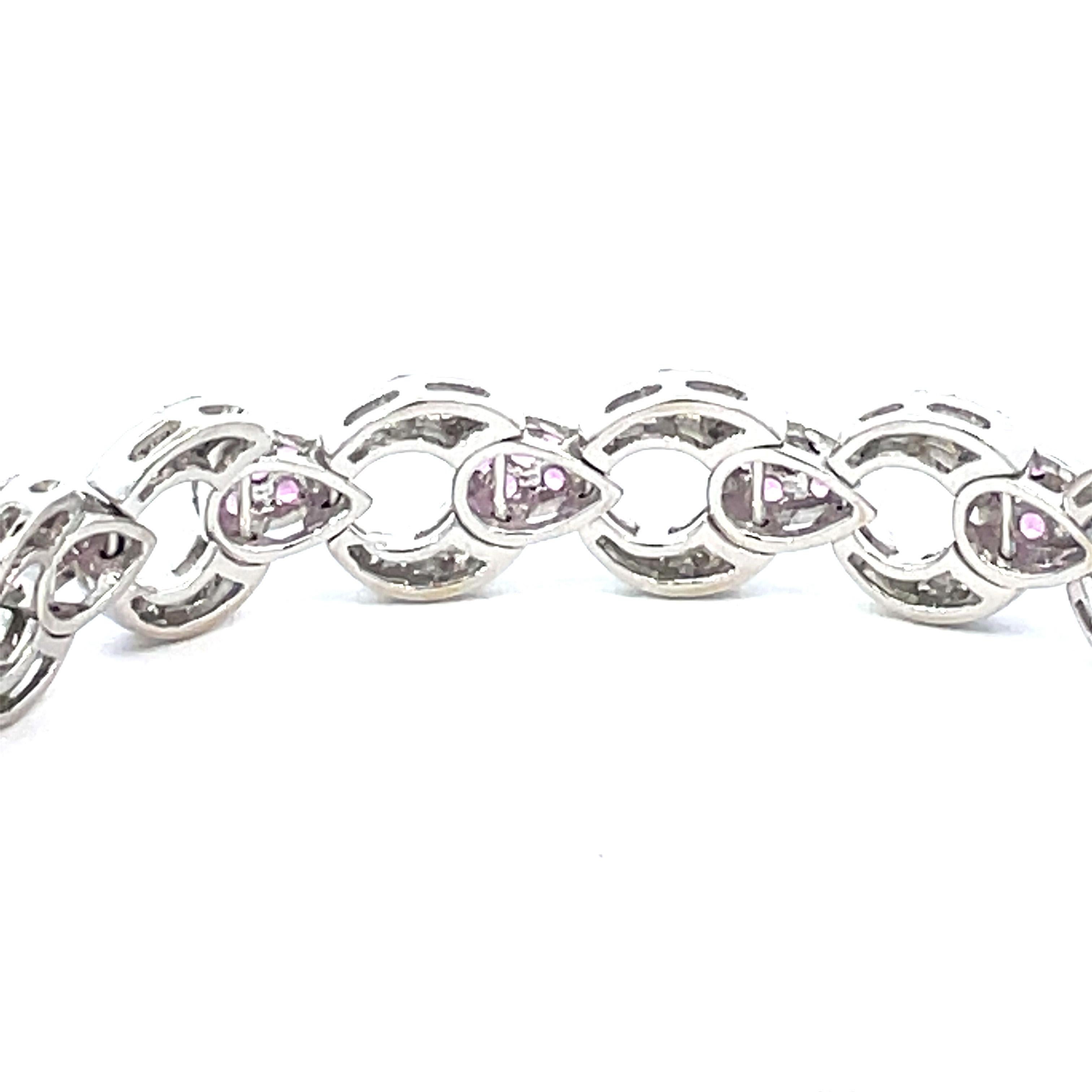 Women's Pave Link Bracelet With Natural Pink Sapphires & Diamonds in 18 Karat White Gold For Sale