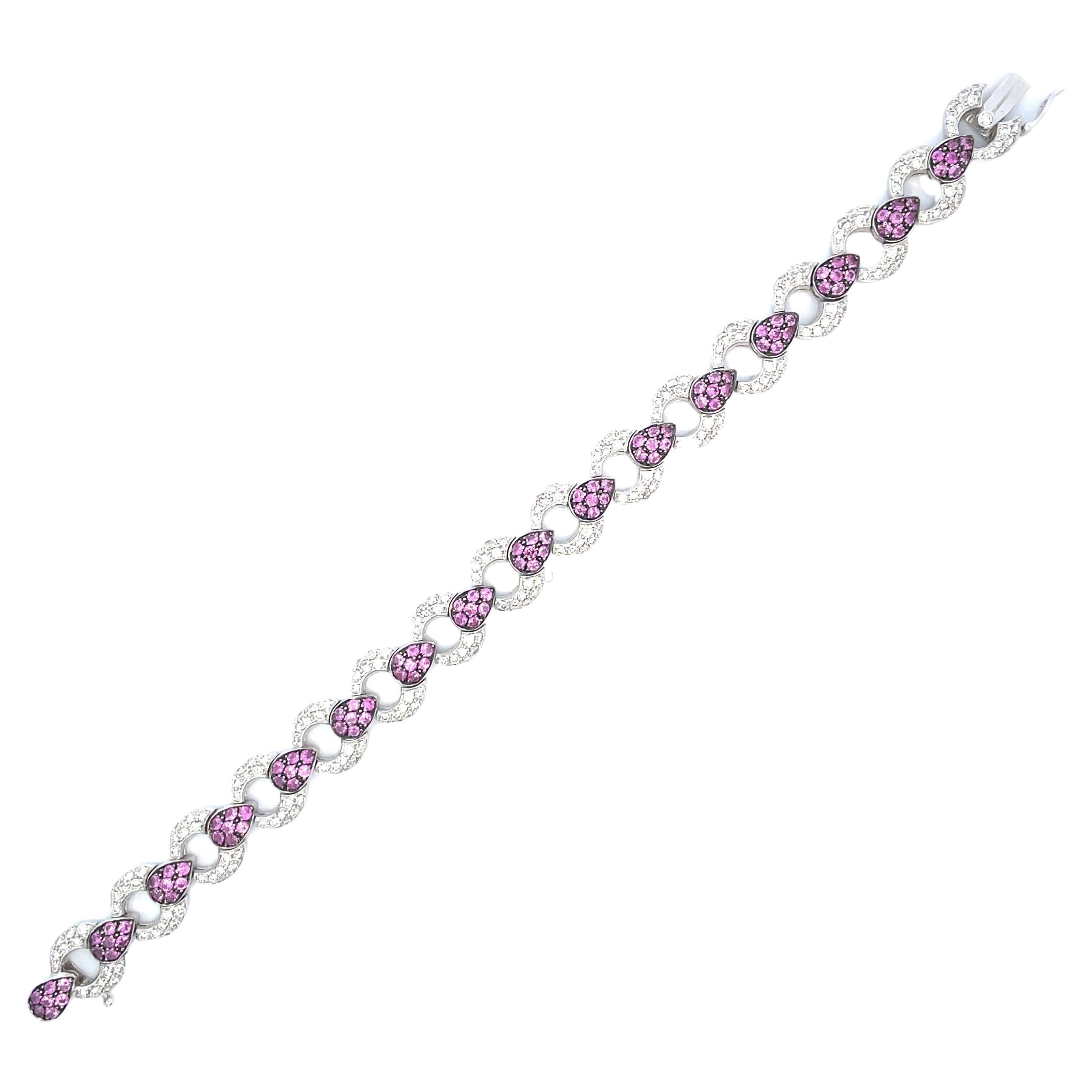 Pave Link Bracelet With Natural Pink Sapphires & Diamonds in 18 Karat White Gold For Sale