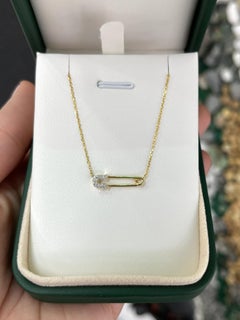 Pave Natural Diamond Safety Pin Two Toned Gold - Adjustable Necklace 14K