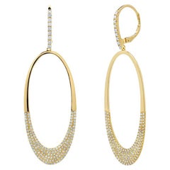 Pave Open Oval 0.85 Total Carat Diamond Yellow Gold Dangle Drop Earrings