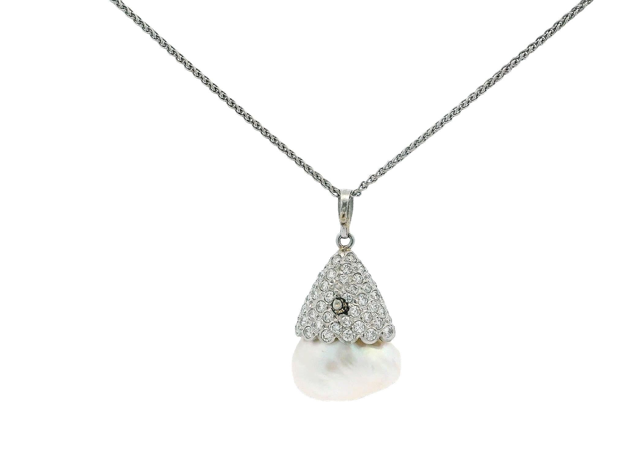 Collar con Colgante de Gota de Perla Pave en Oro Blanco de 18k y 14k en venta 2