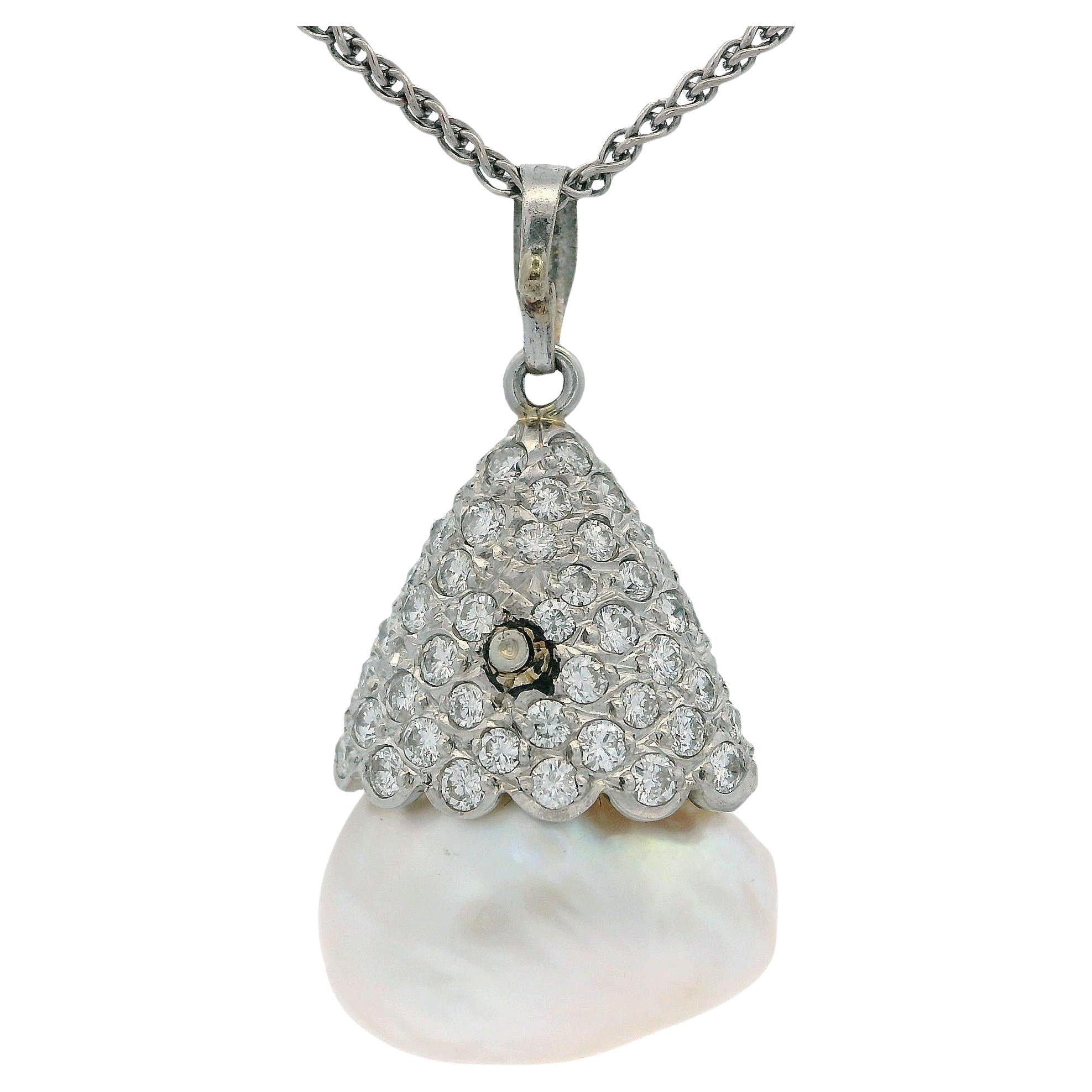 Collana con ciondolo a goccia con perle Pave in oro bianco 18 e 14 ct.