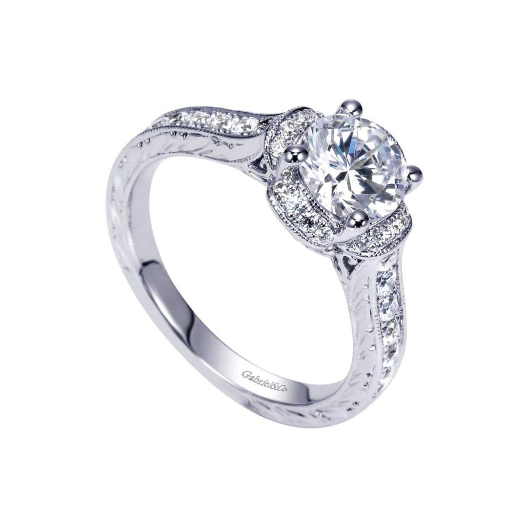 Round Cut Pave Petals White Gold Diamond Engagement Mounting For Sale
