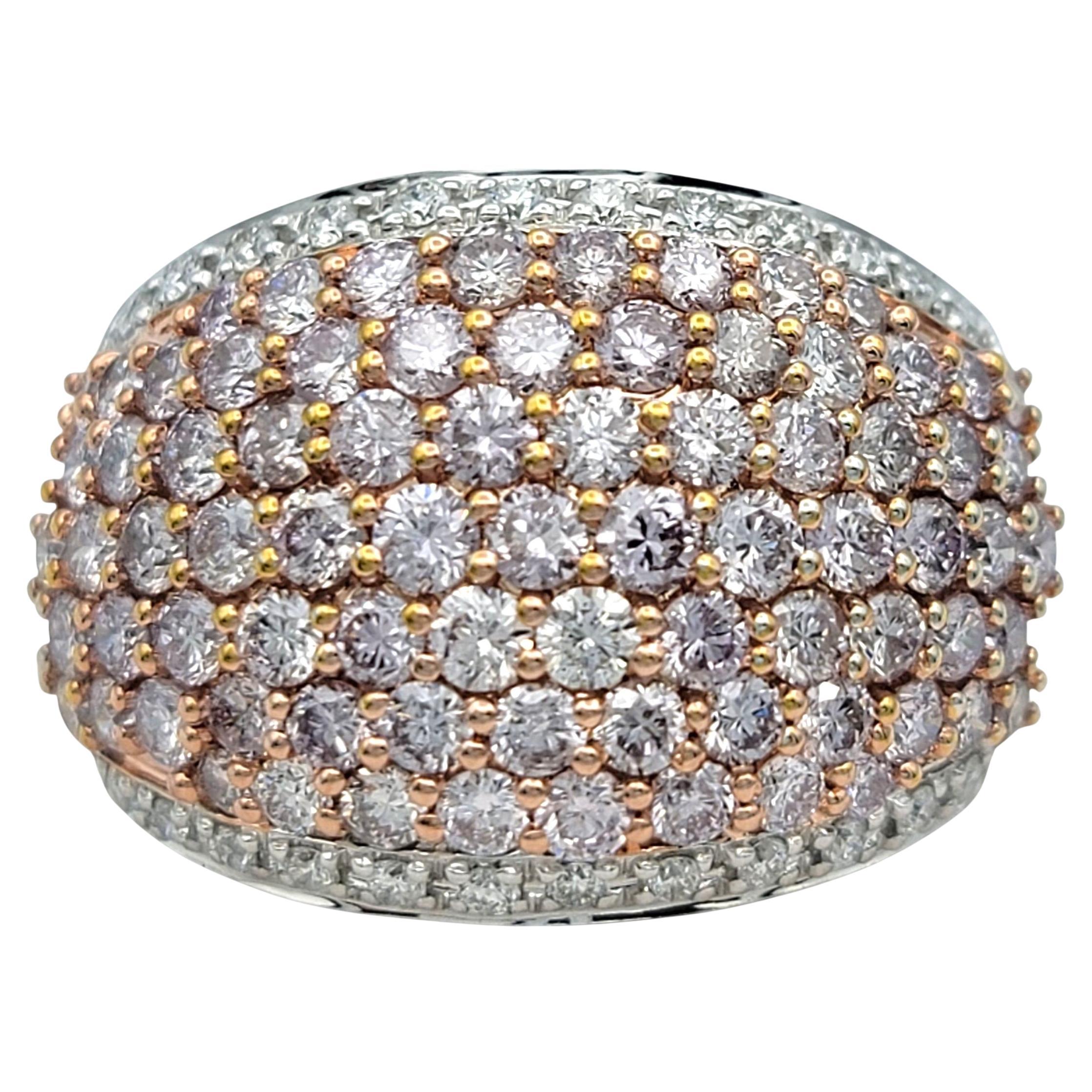 Anello da cocktail a cupola con diamanti bianchi e rosa pavé in oro bianco e rosa 14 carati
