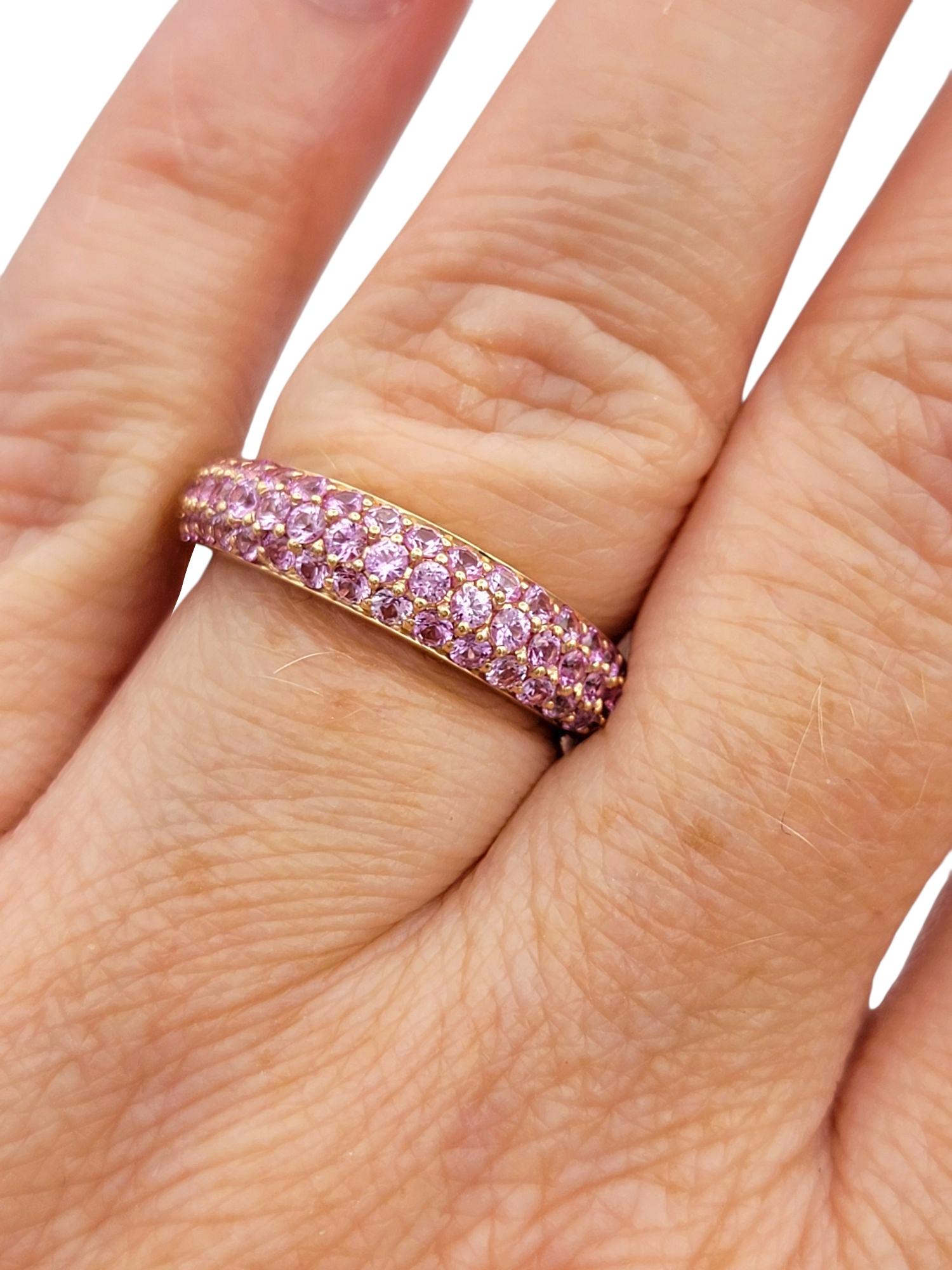 Pavé Pink Sapphire Multi Row Band Ring in Polished 14 Karat Rose Gold For Sale 4