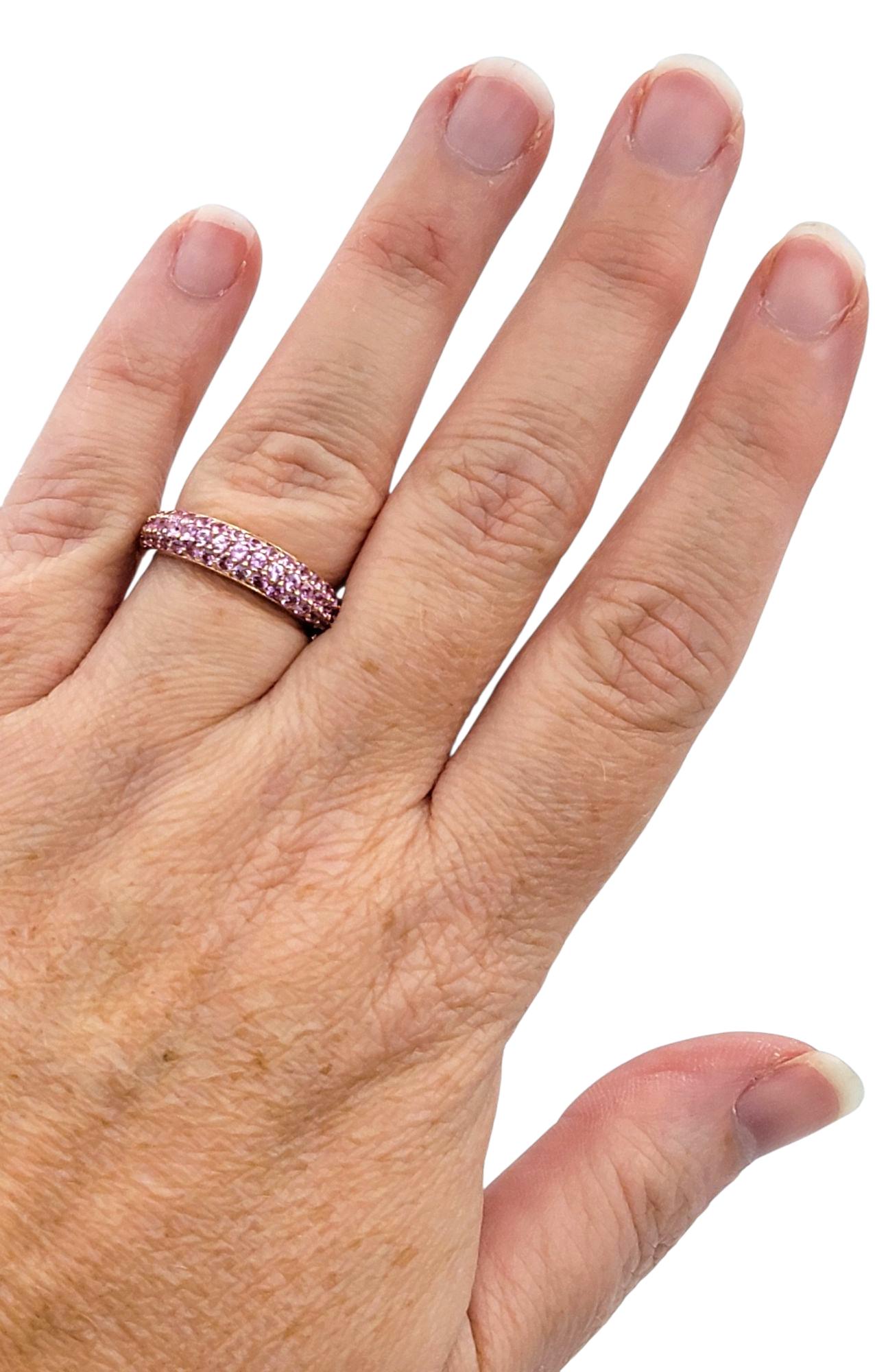 Pavé Pink Sapphire Multi Row Band Ring in Polished 14 Karat Rose Gold For Sale 3