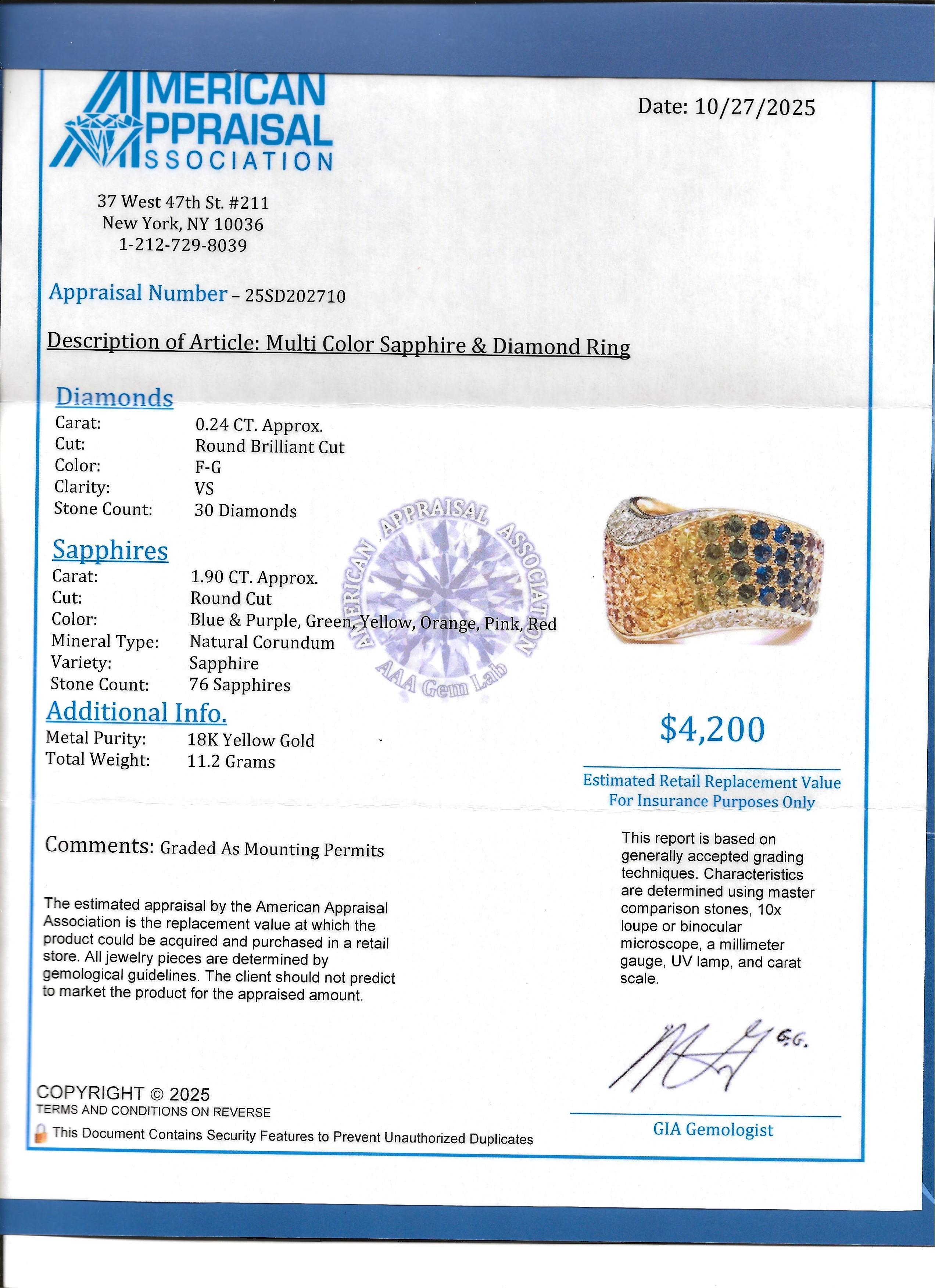 Anello a fascia ondulata con zaffiro Rainbow Pavé e diamante in oro giallo 18 carati in vendita 8