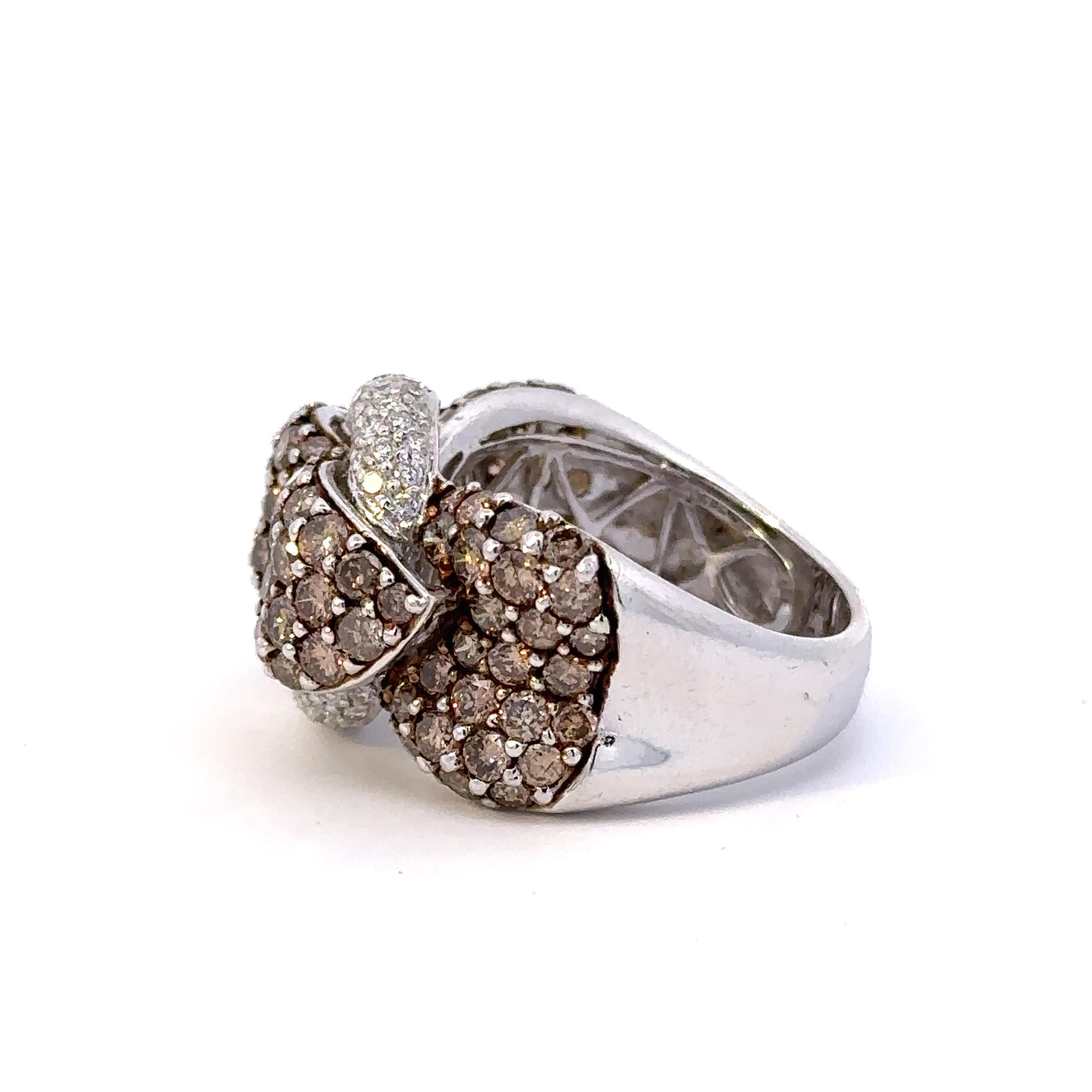 Women's Pavé Ribbon Ring with Natural Brown & White Diamonds in 18 Karat White Gold For Sale