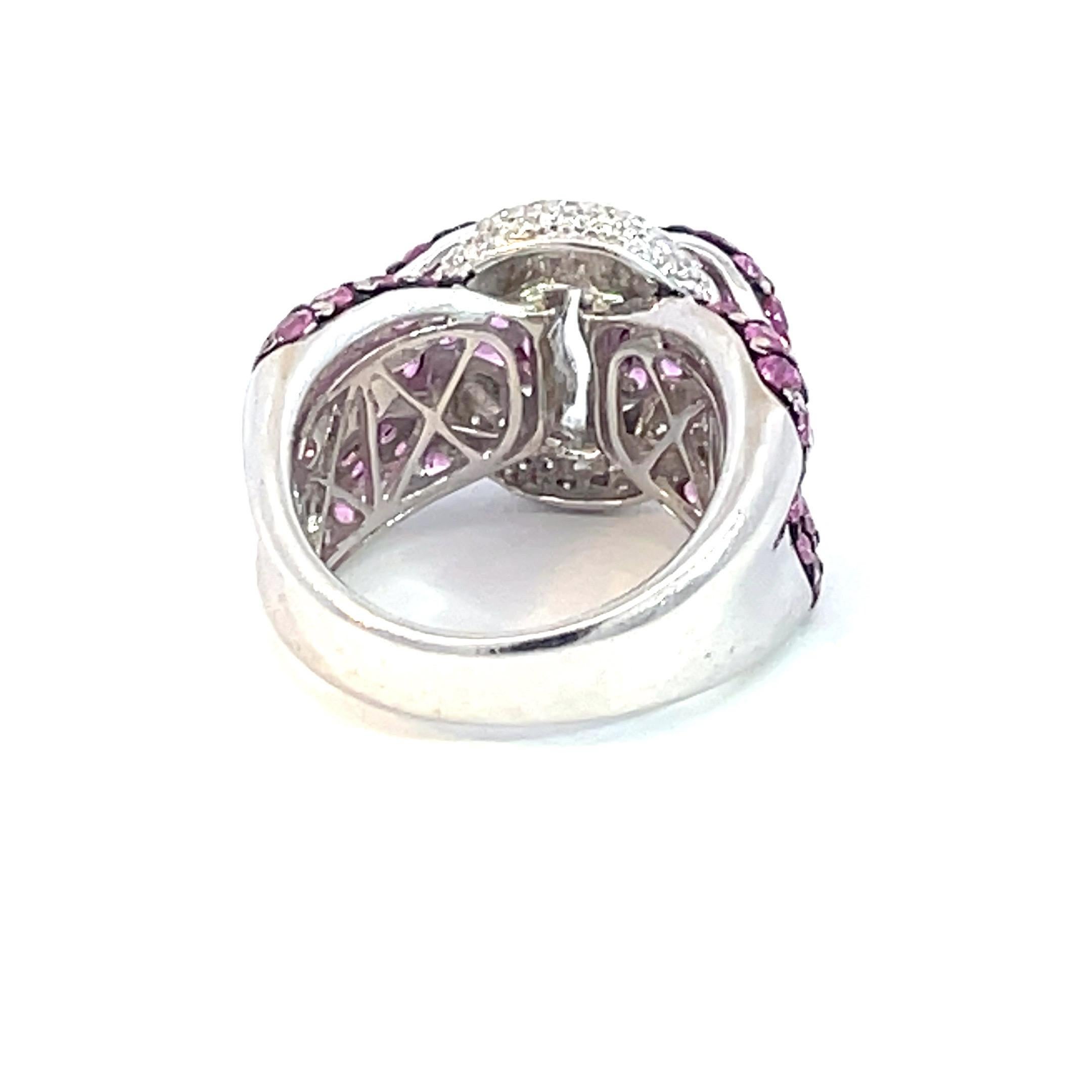 Women's Pavé Ribbon Ring with Pink Sapphires & White Diamonds in 18 Karat White Gold For Sale
