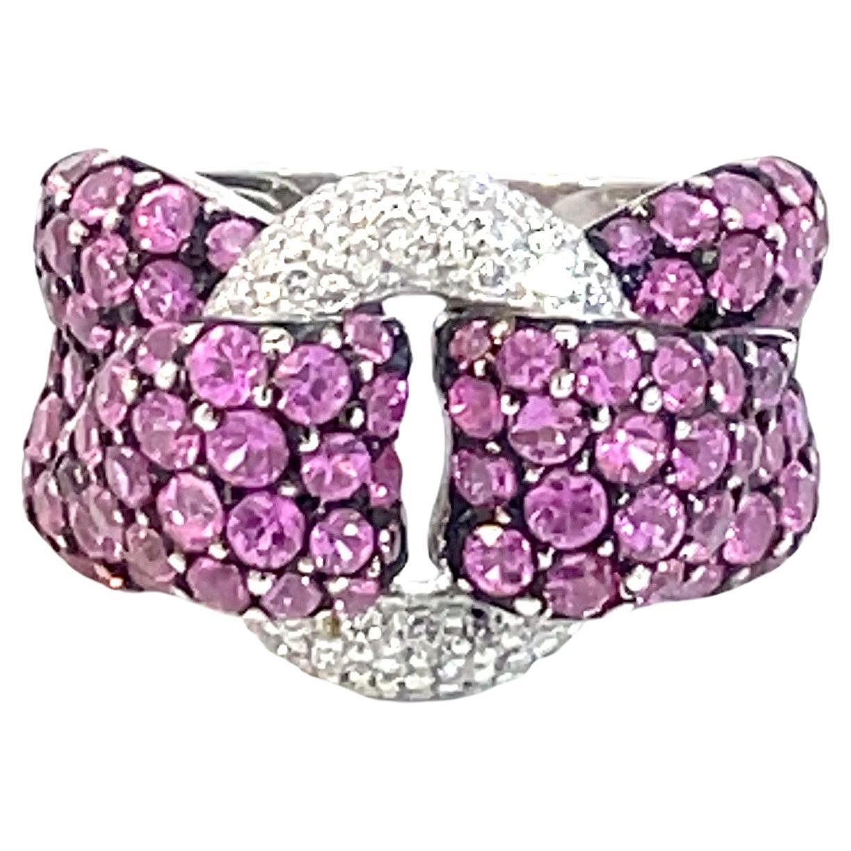 Pavé Ribbon Ring with Pink Sapphires & White Diamonds in 18 Karat White Gold For Sale