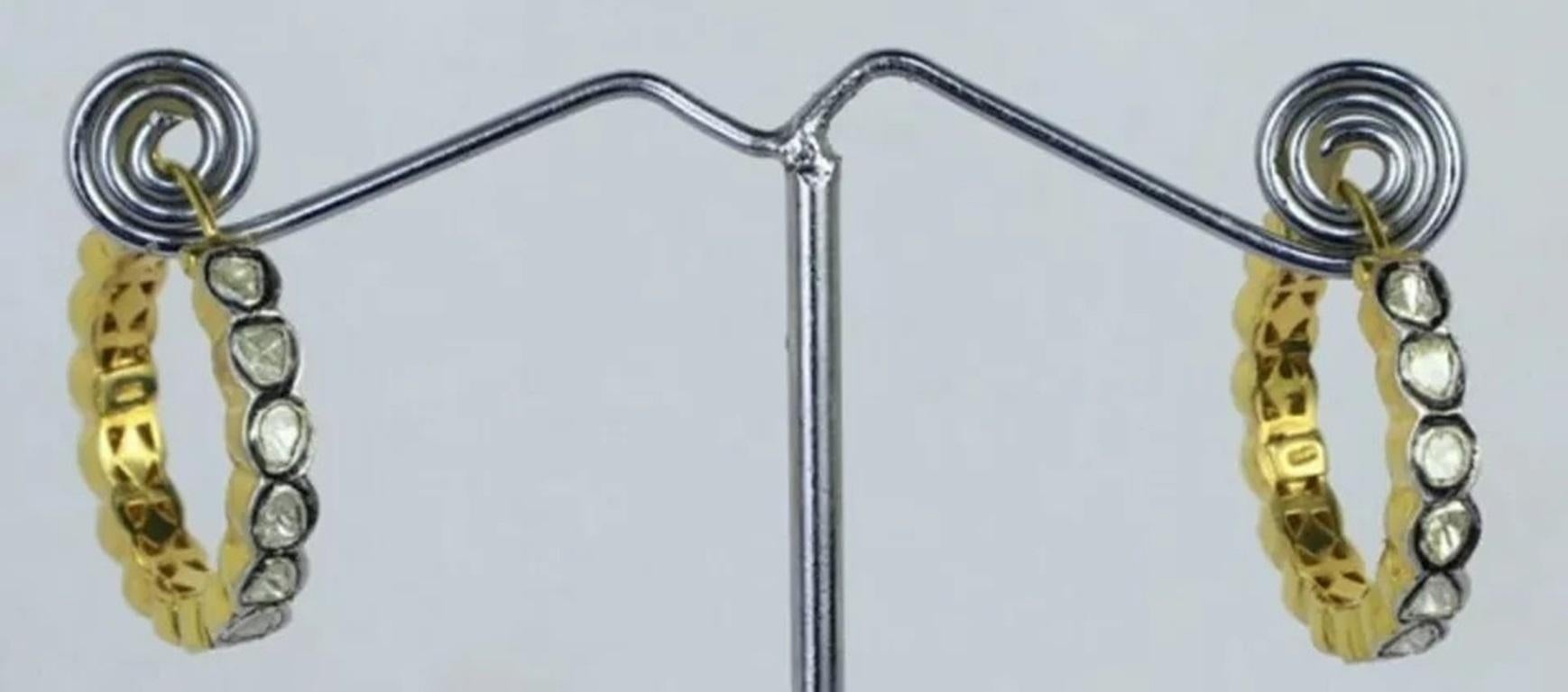 Rose Cut Pave Rosecut Diamond Hoop Earring in 14k and 925 Sterling Silver For Sale