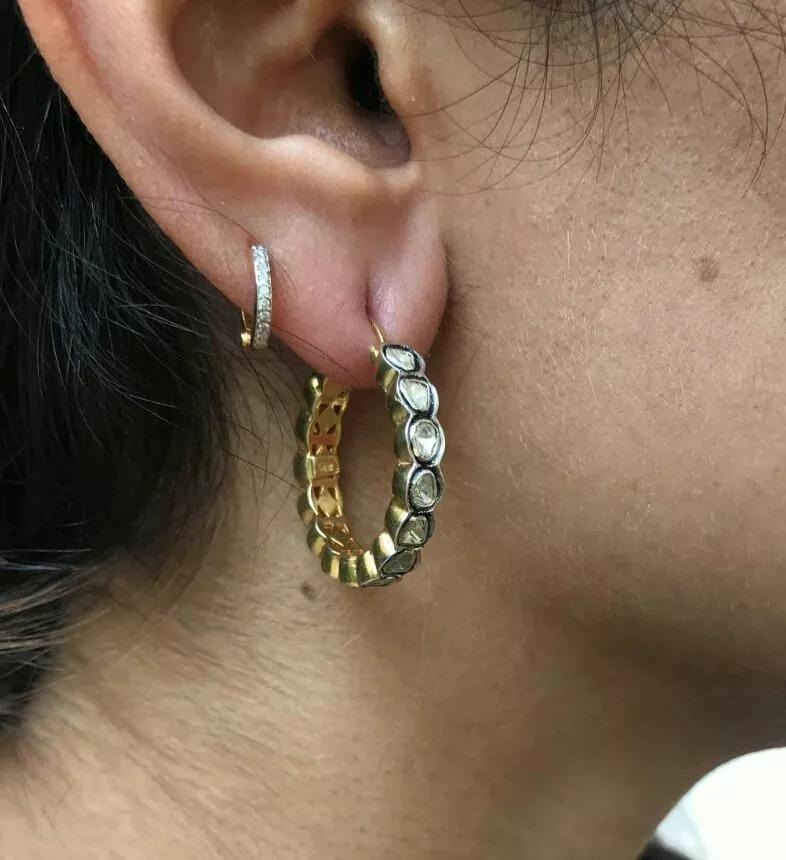 Pave Rosecut Diamond Hoop Earring in 14k and 925 Sterling Silver In New Condition For Sale In Chicago, IL