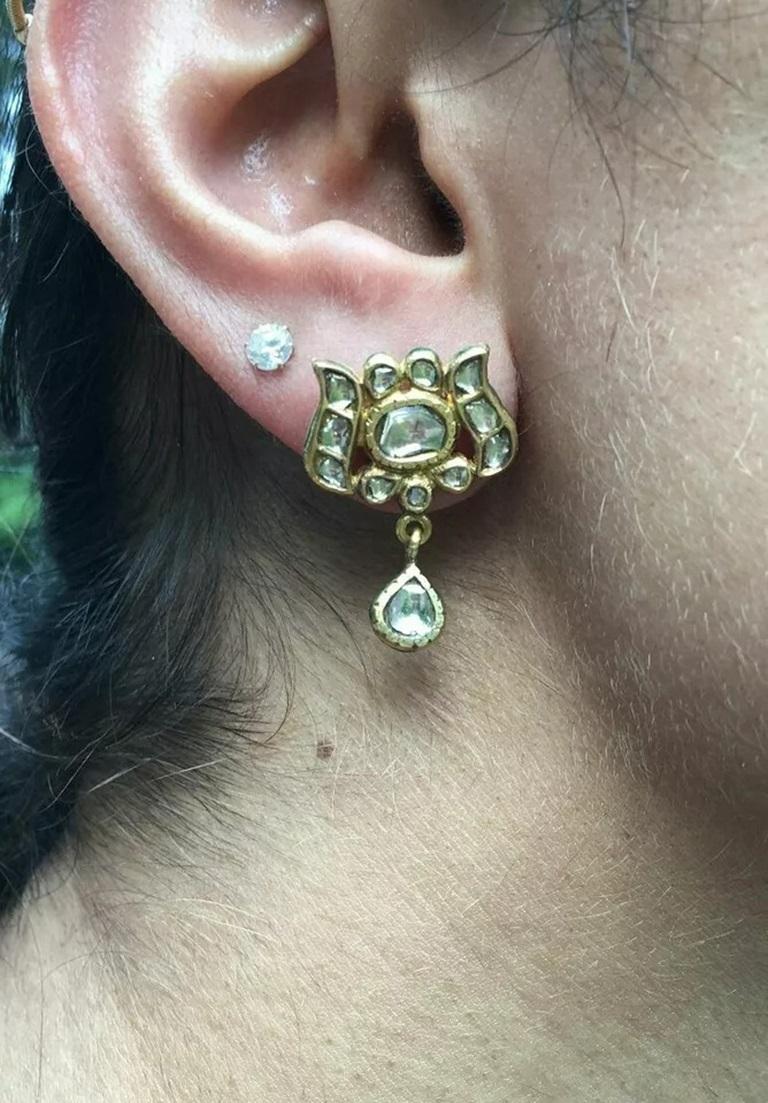 Pave Rosecut Diamond Lotus Earring in 14k Gold In New Condition For Sale In Chicago, IL