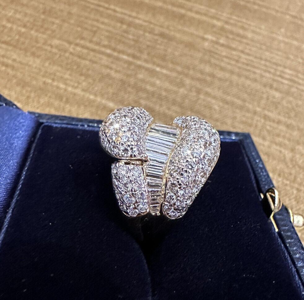 Baguette Cut Pavé Round and Baguette Diamond Band Ring in Platinum and 18k Yellow Gold For Sale