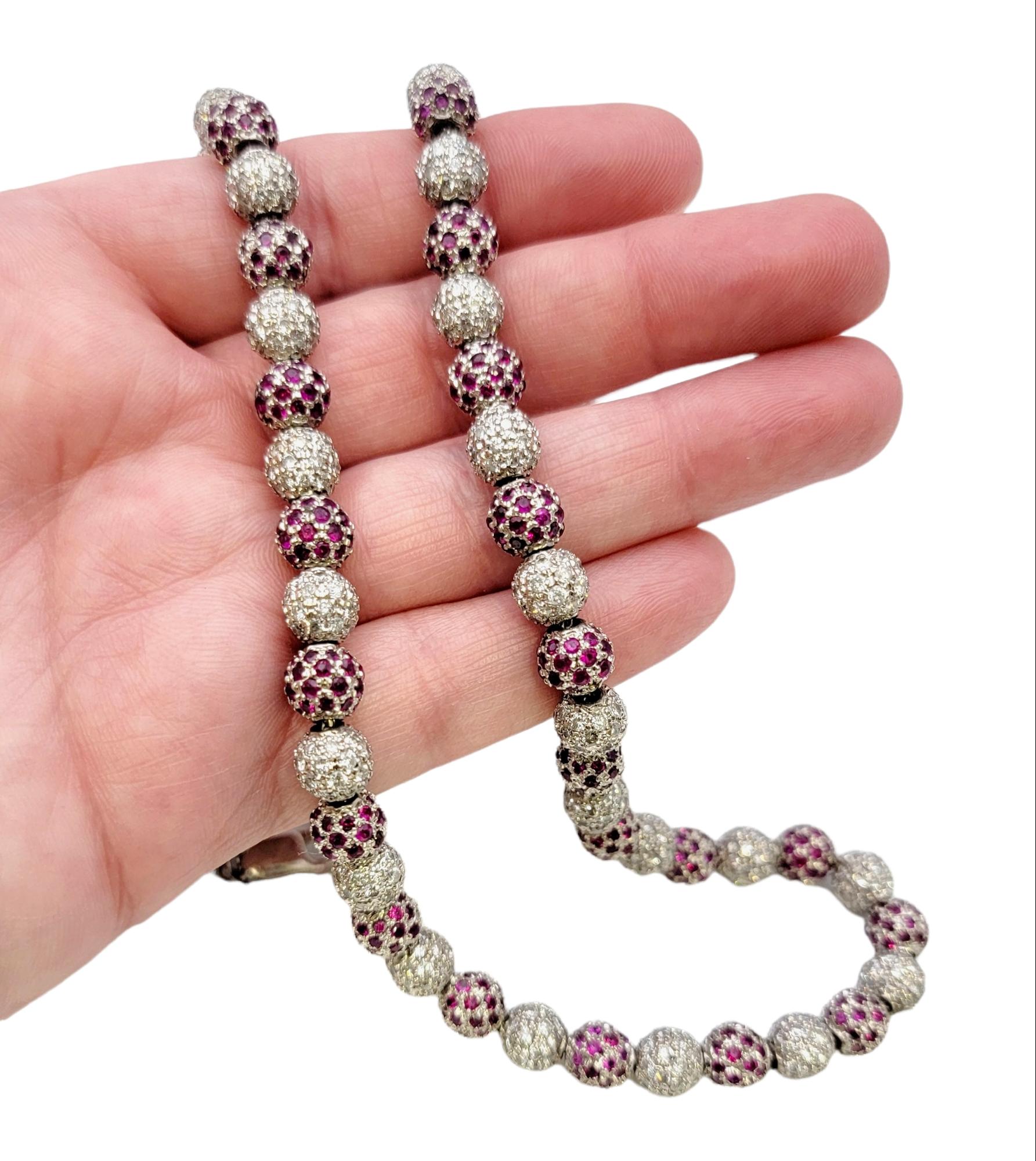 Pave Round Beads Natural Diamond and Lab Ruby 14 Karat White Gold Necklace  For Sale 5