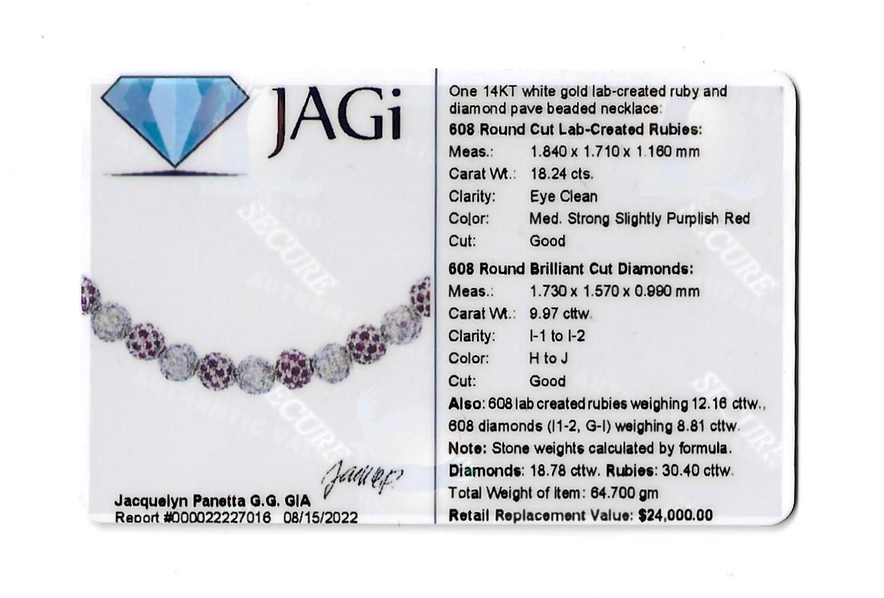 Pave Round Beads Natural Diamond and Lab Ruby 14 Karat White Gold Necklace  For Sale 8