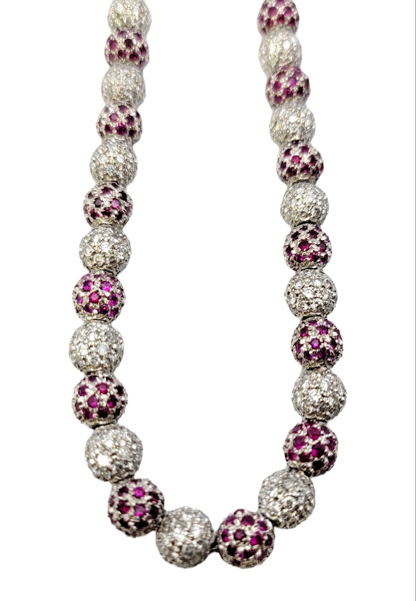 This stunningly sparkly diamond and ruby beaded necklace is an absolute showstopper. The contrasting white and red stones fill the piece and absolutely light up the neck! Featuring 608 natural white diamonds and an additional 608 lab created rubies,