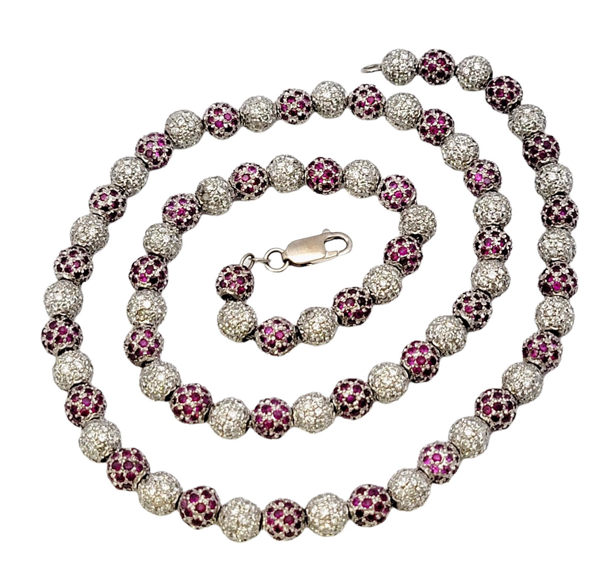 Round Cut Pave Round Beads Natural Diamond and Lab Ruby 14 Karat White Gold Necklace  For Sale