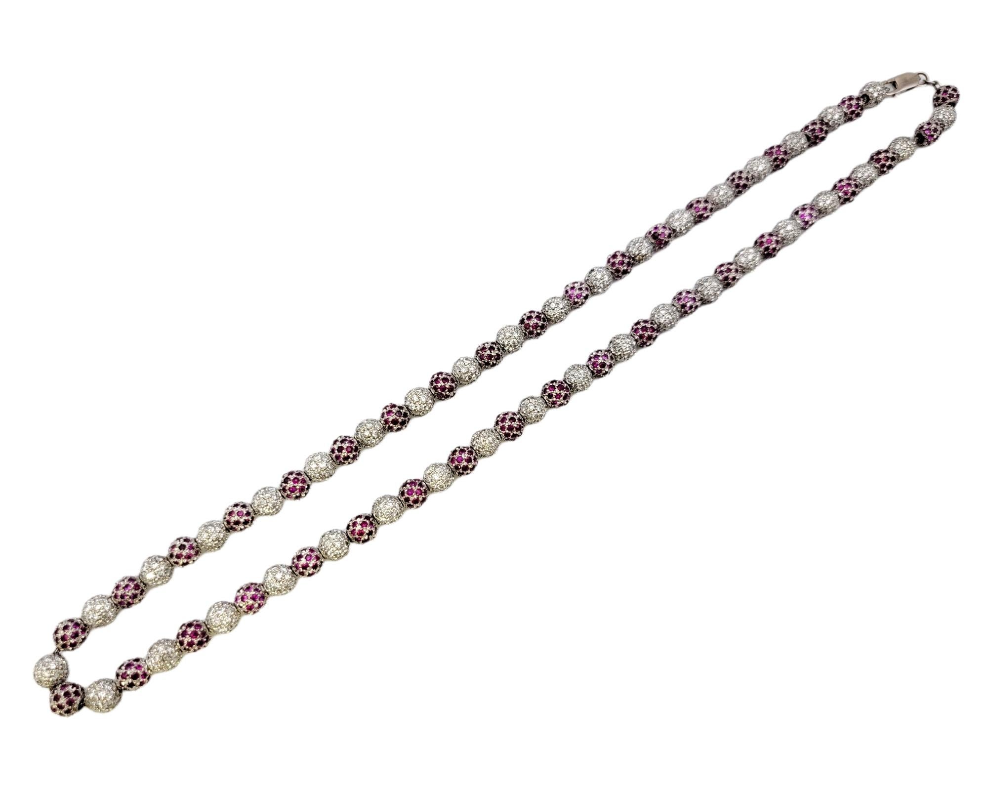 Pave Round Beads Natural Diamond and Lab Ruby 14 Karat White Gold Necklace  In Good Condition For Sale In Scottsdale, AZ