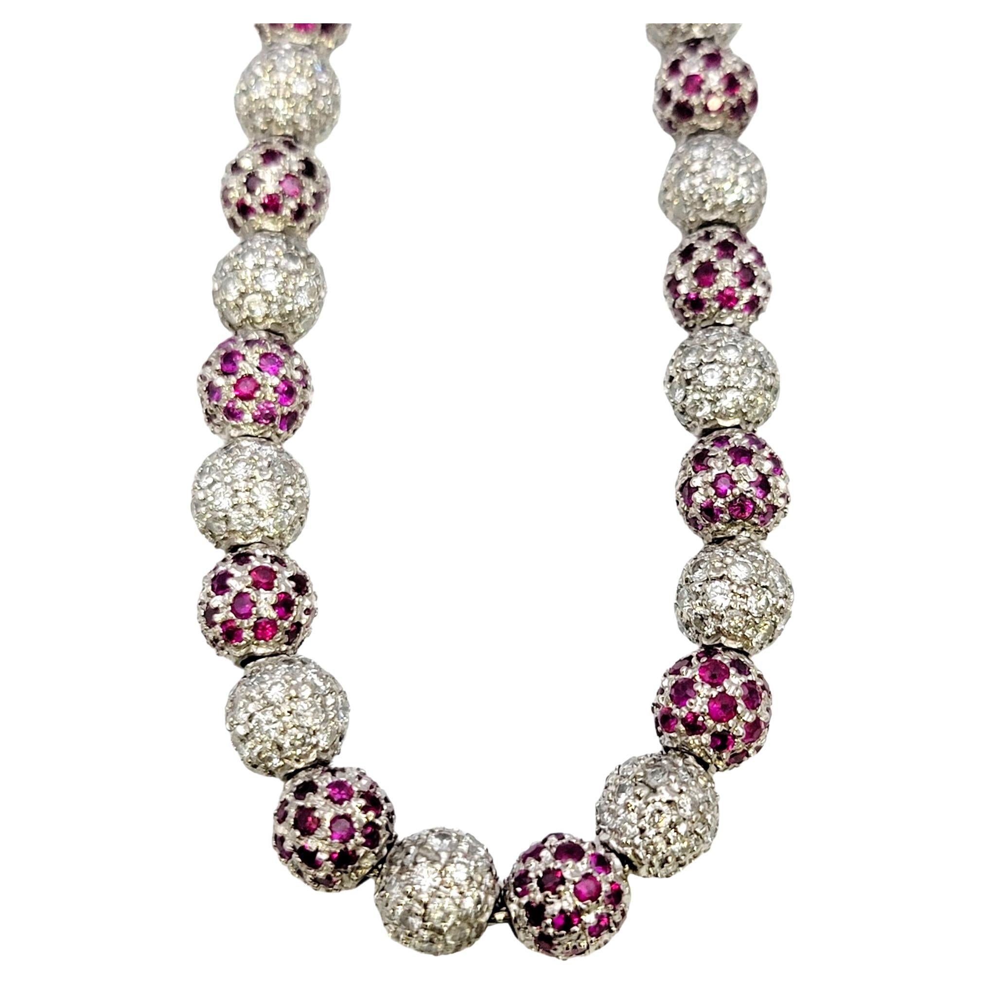 Pave Round Beads Natural Diamond and Lab Ruby 14 Karat White Gold Necklace  For Sale